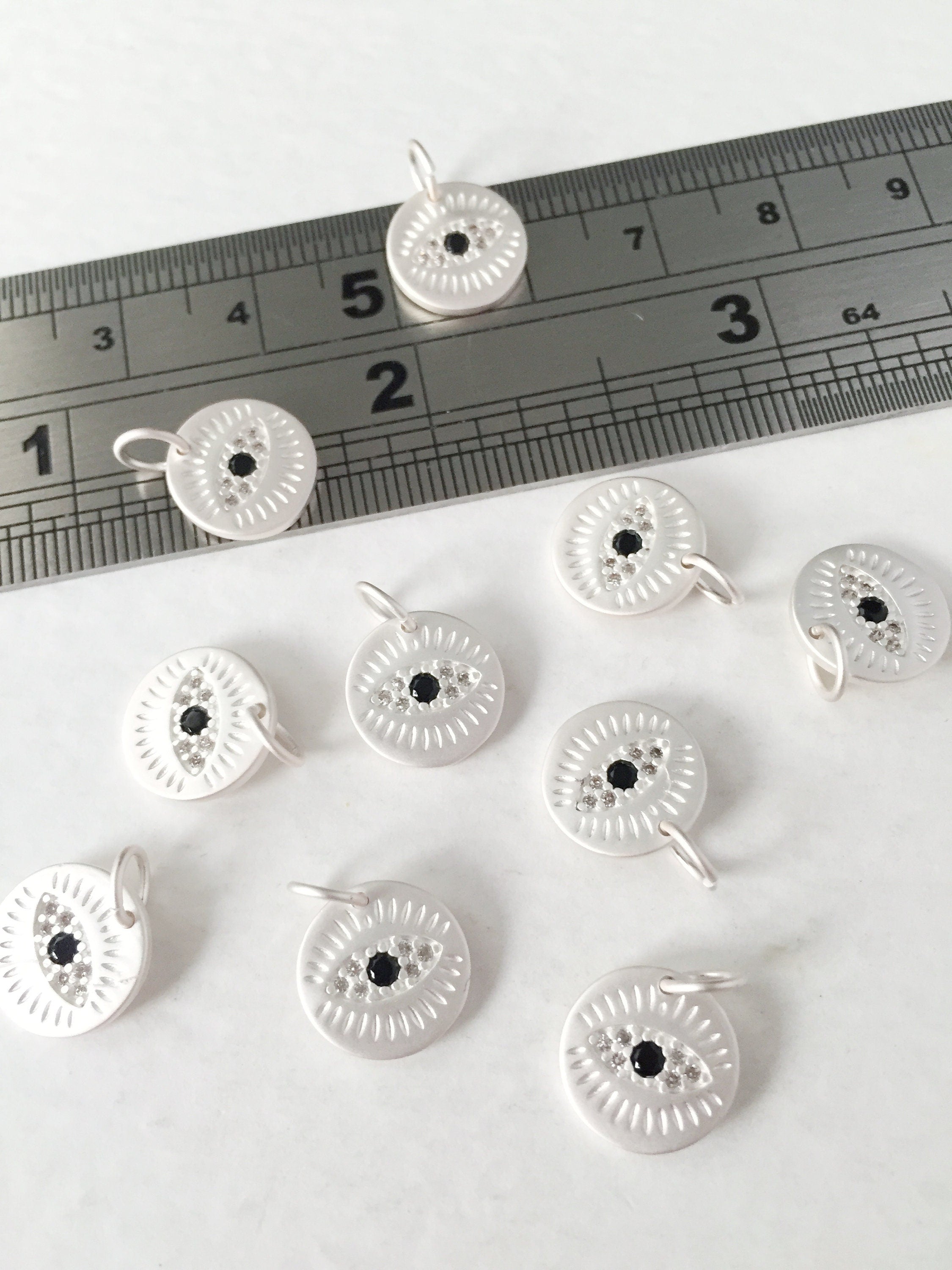 1 x Matte Silver Plated Round Evil Eye Charms with Cubic Zirconia, 10mm