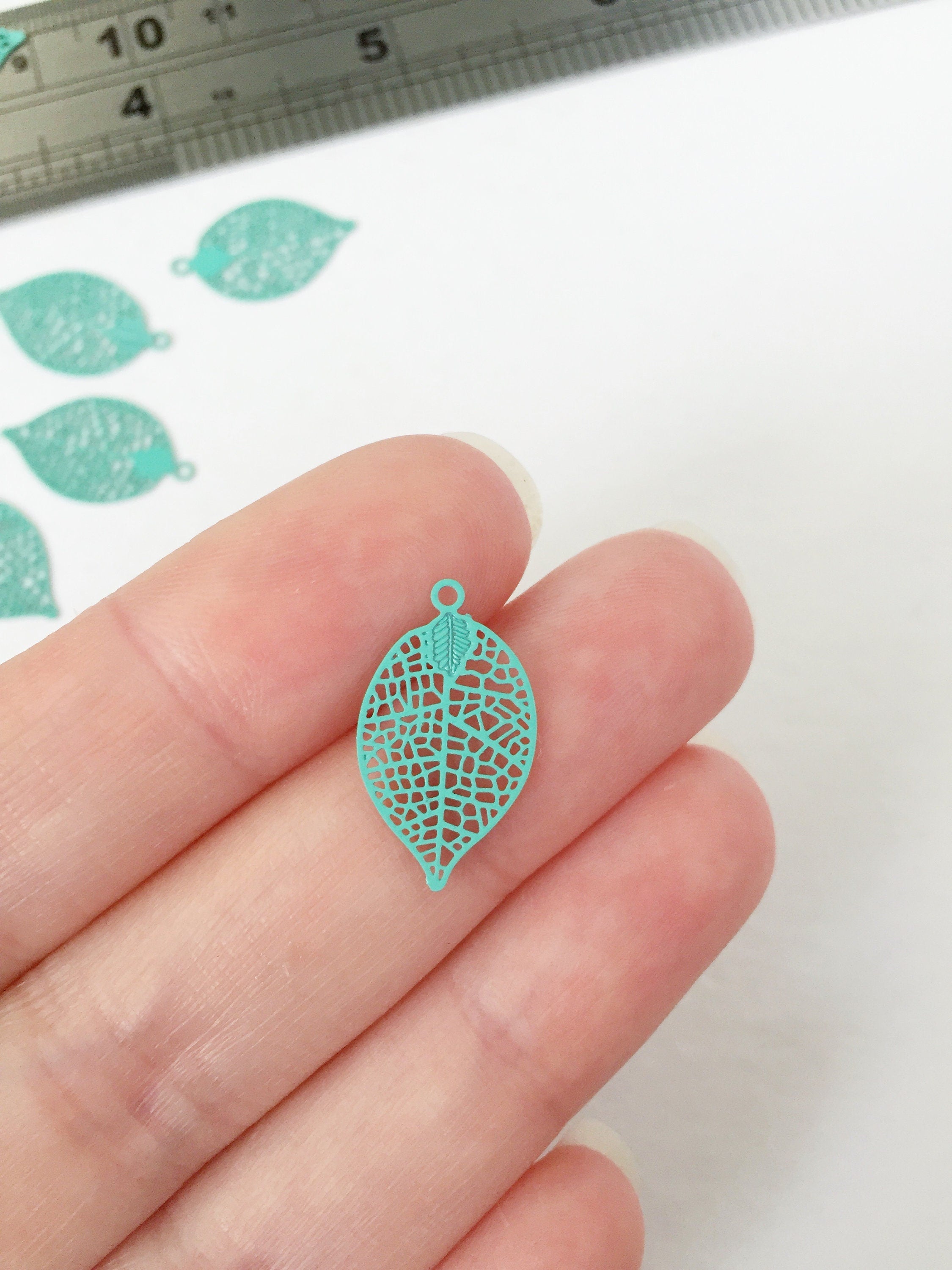 6 x Turquoise Spray Painted Filigree Leaf Pendants, 20x11.5mm