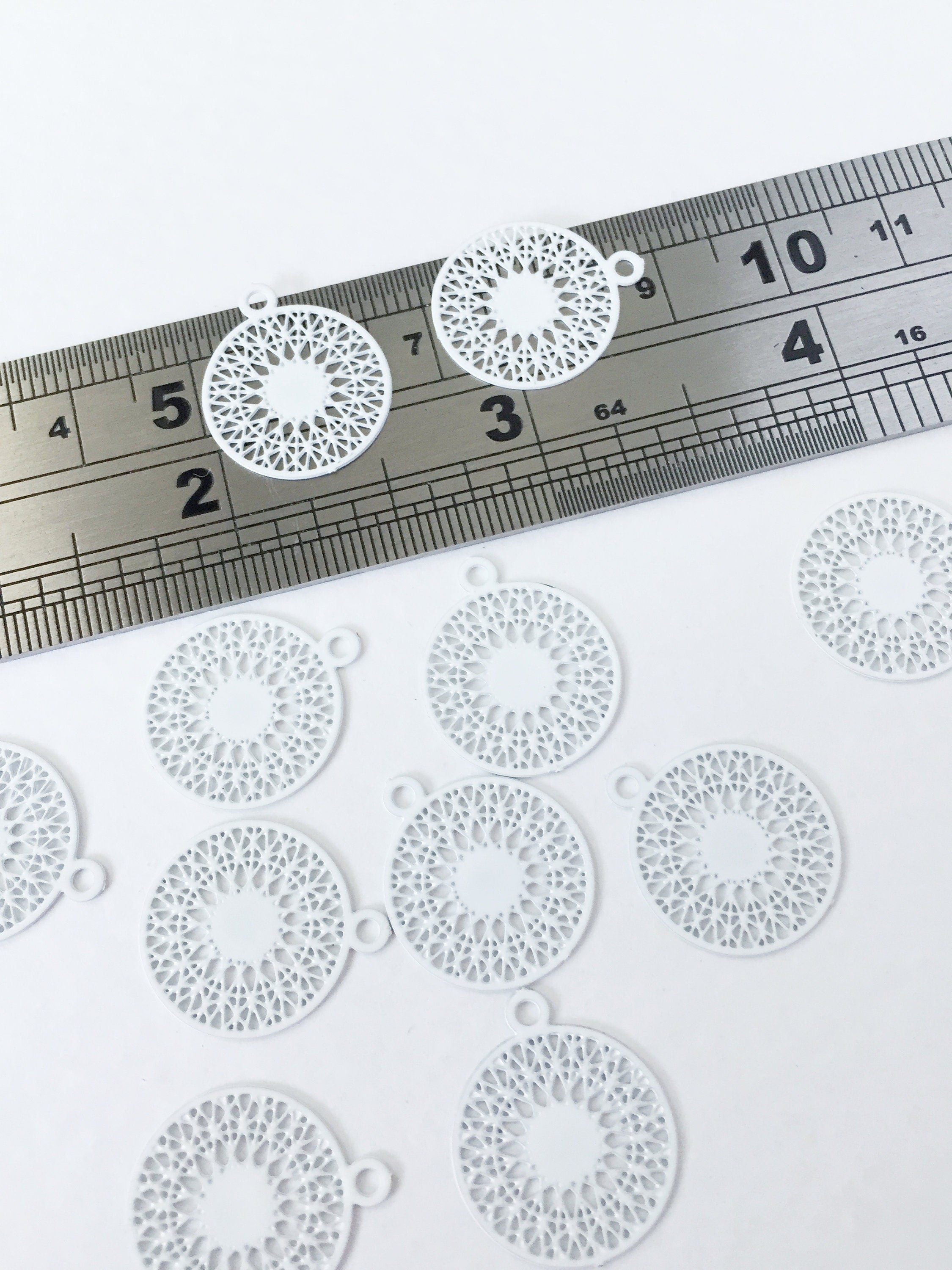 10 x White Spray Painted Brass Filigree Earring Pendants, 18.5x16mm (0477)