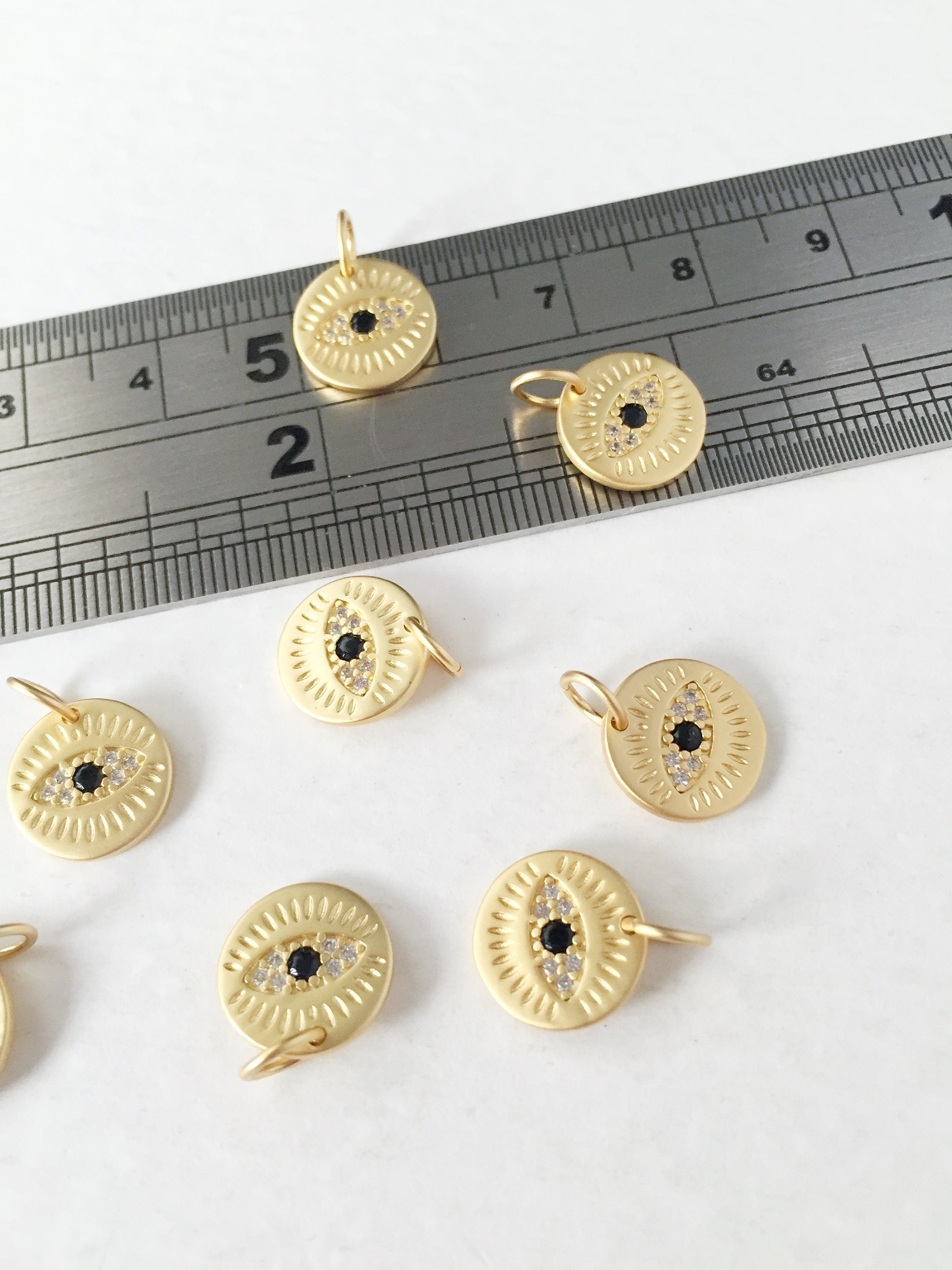 1 x Matte Gold Plated Evil Eye Charms with Cubic Zirconia, 10mm