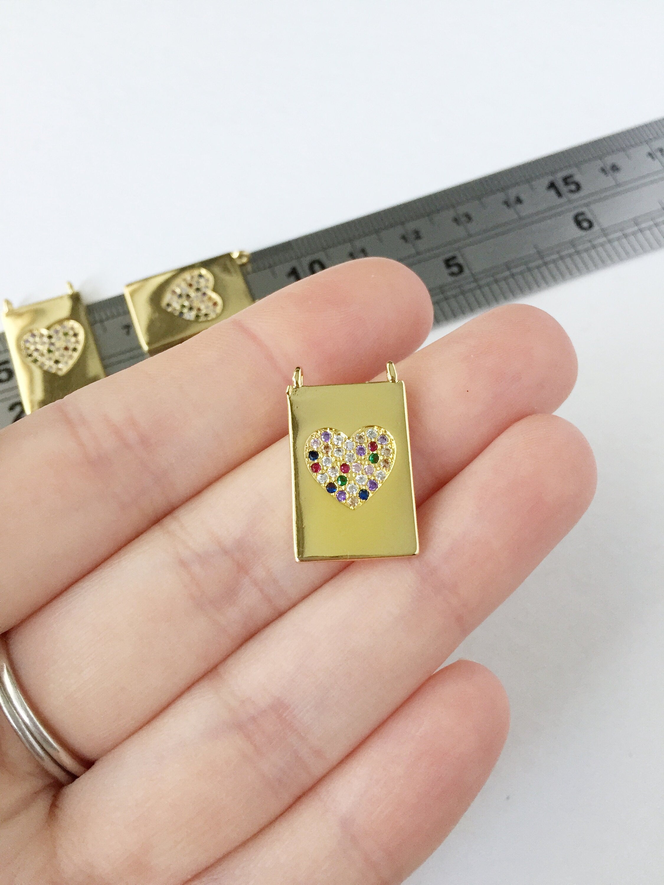 1 x 18K Gold Plated Rectangular Pendant with Multicolour CZ Paved Heart, 22.5x13.5mm (0218)