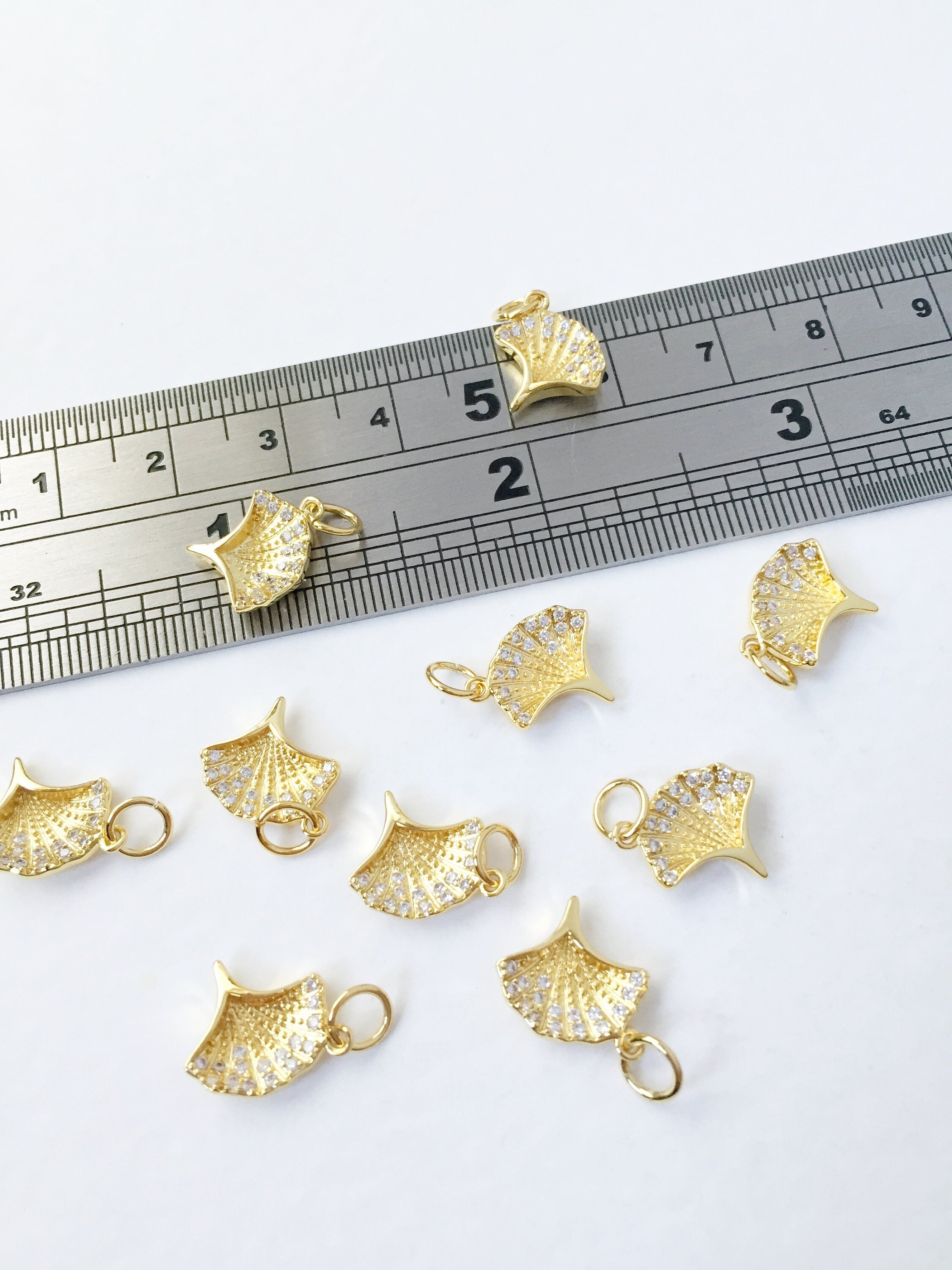 1 x 18K Gold Plated Ginkgo Leaf Charms with Cubic Zirconia, 11x10.5mm