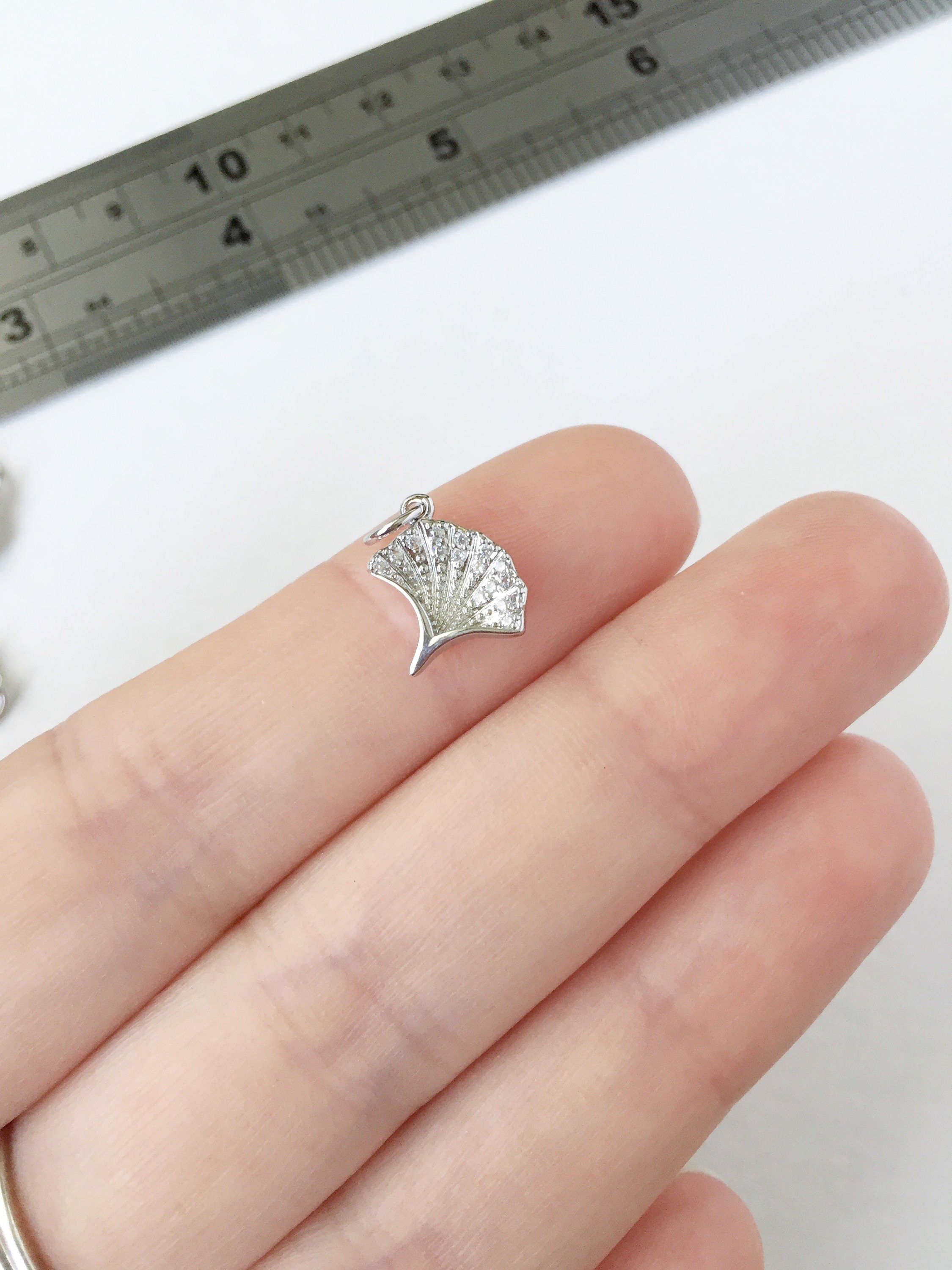 1 x Platinum Plated Ginkgo Leaf Charm with Cubic Zirconia, 11x10.5mm