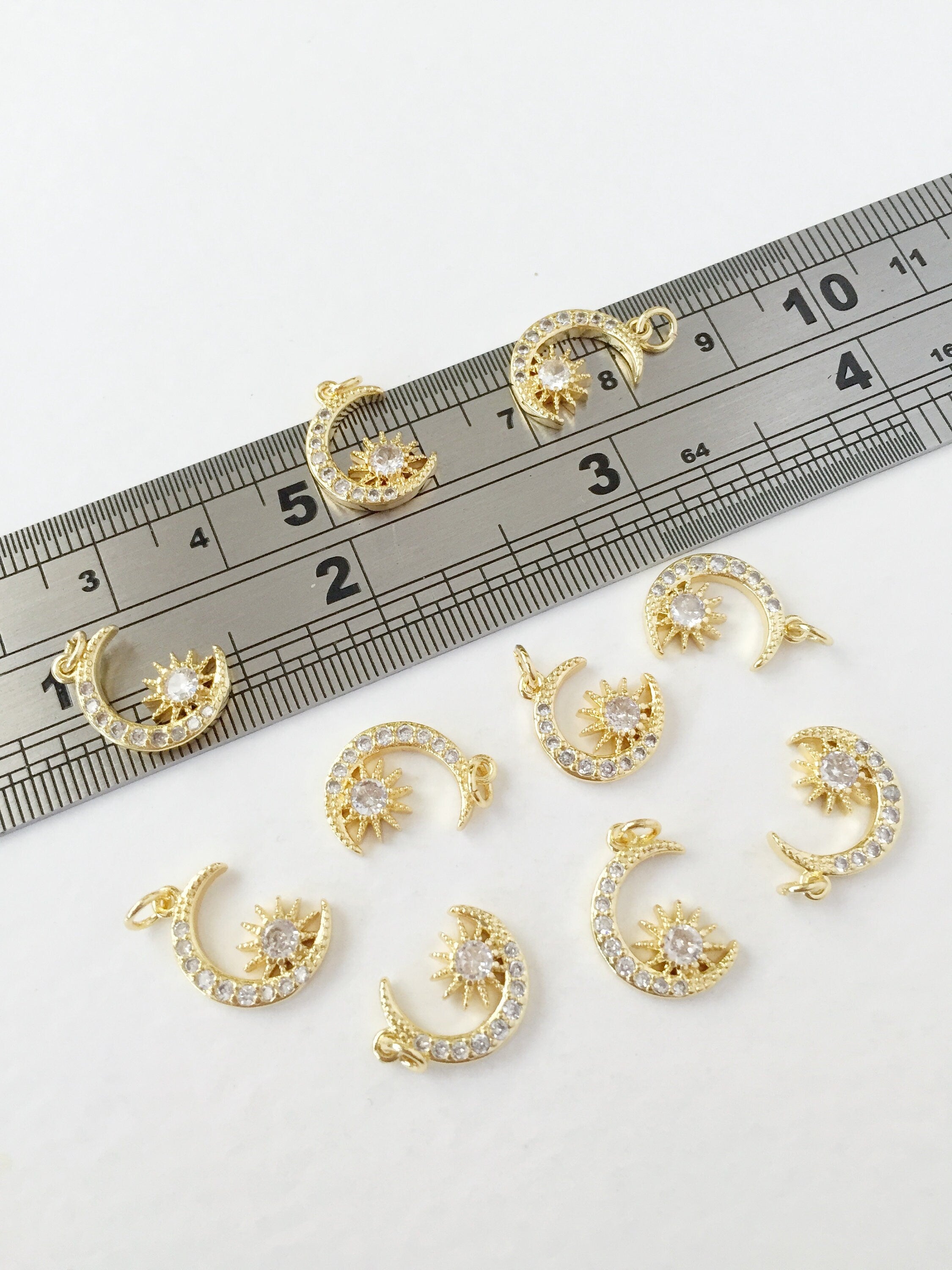 1 x 18K Gold Plated Crescent Moon and Star Charm with Cubic Zirconia, 14x10mm (0160)