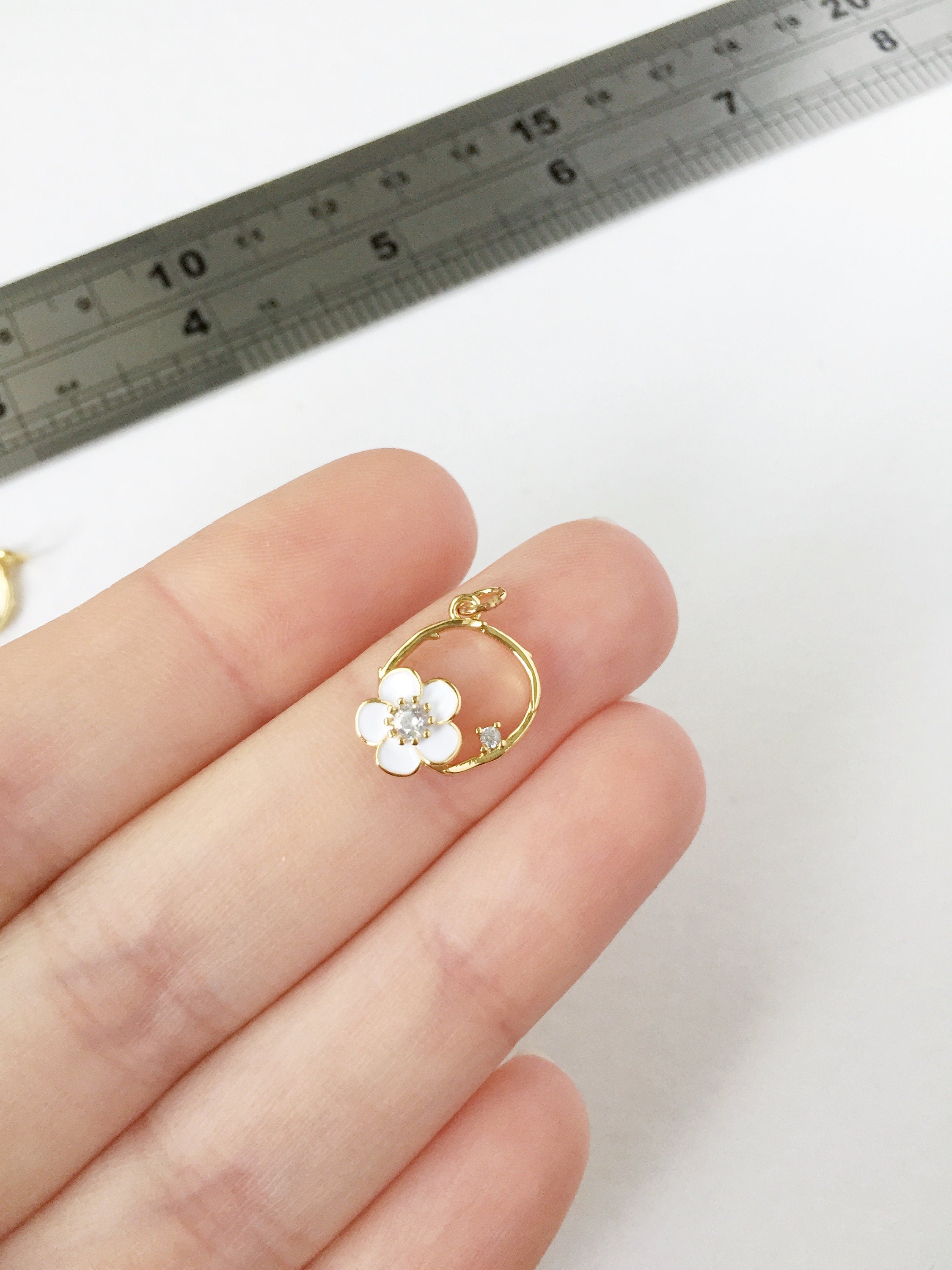 1 x 18K Gold Plated Hoop Enamel Flower Charm with Cubic Zirconia, 14.5x11mm (0010G)