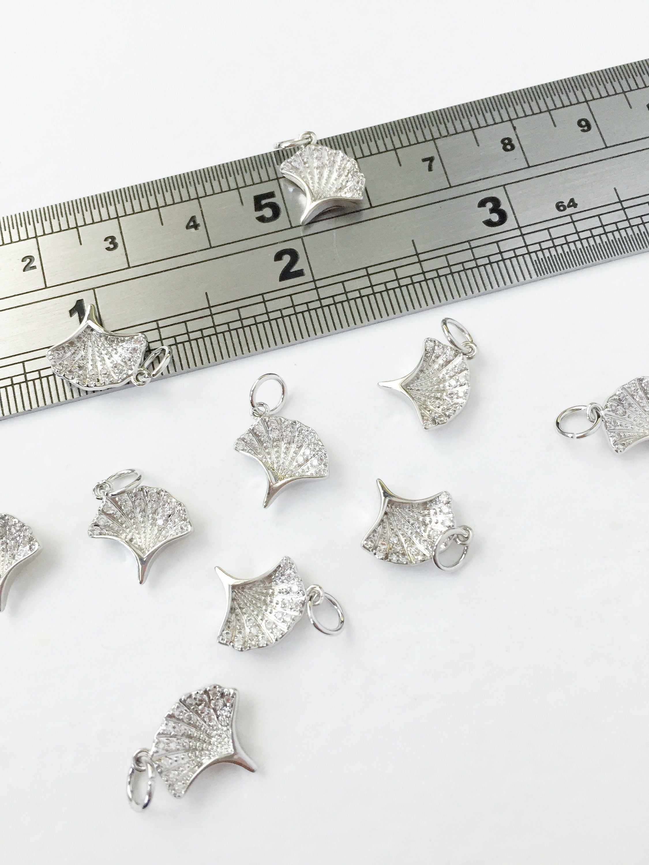 1 x Platinum Plated Ginkgo Leaf Charm with Cubic Zirconia, 11x10.5mm