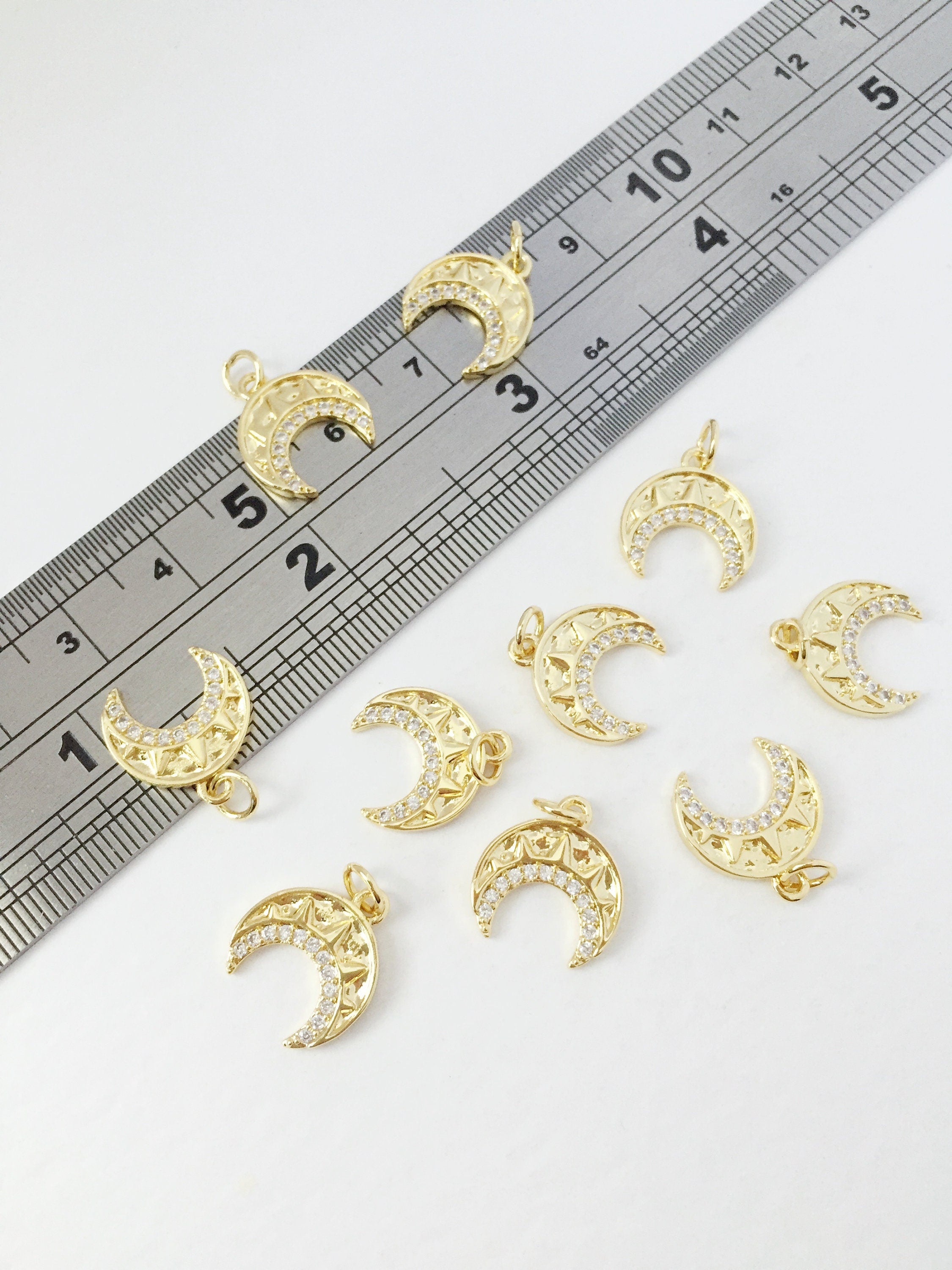 1 x 18K Gold Plated Crescent Moon Charms with Cubic Zirconia, 14x12.5mm (0224)