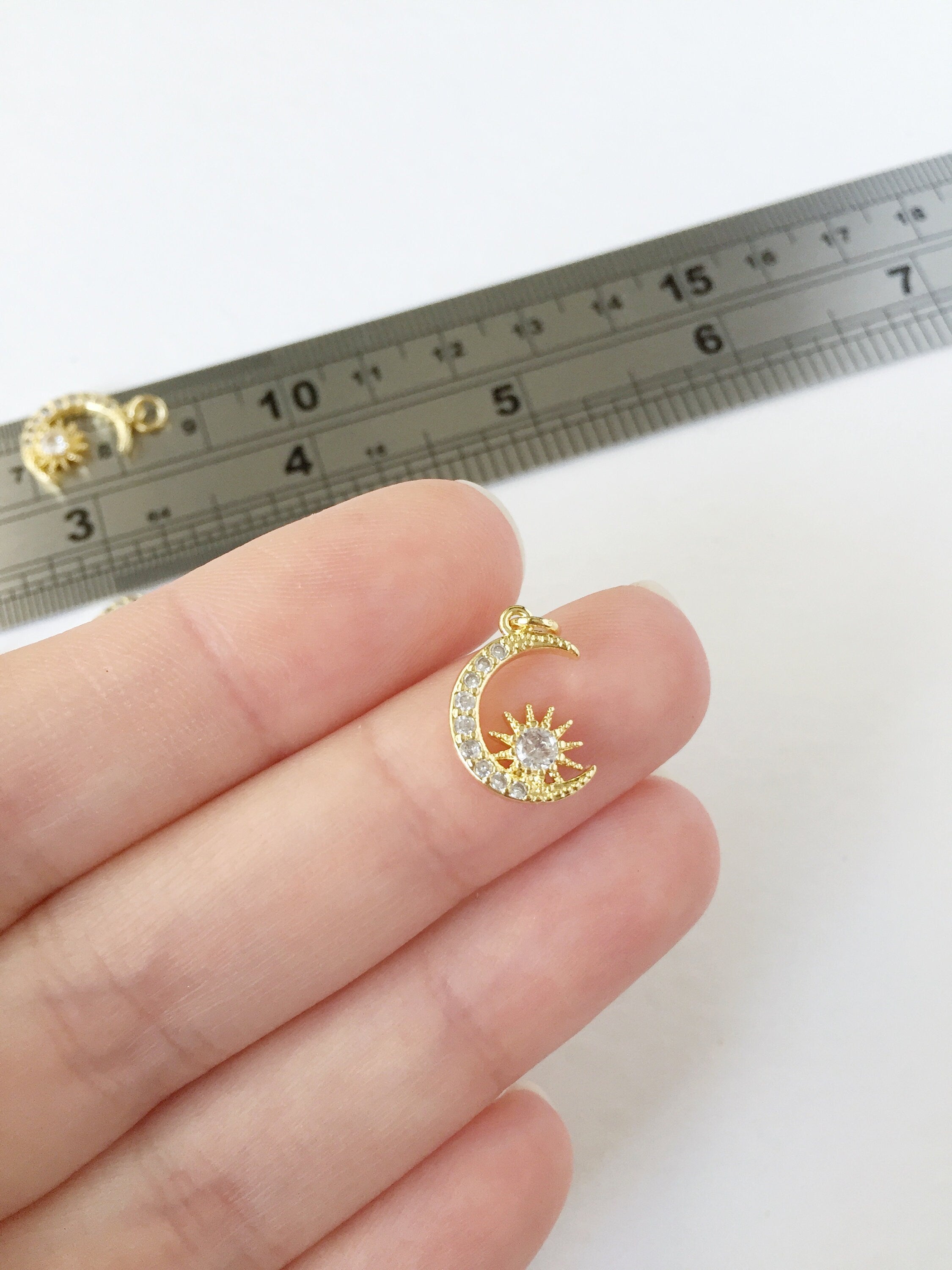 1 x 18K Gold Plated Crescent Moon and Star Charm with Cubic Zirconia, 14x10mm (0160)