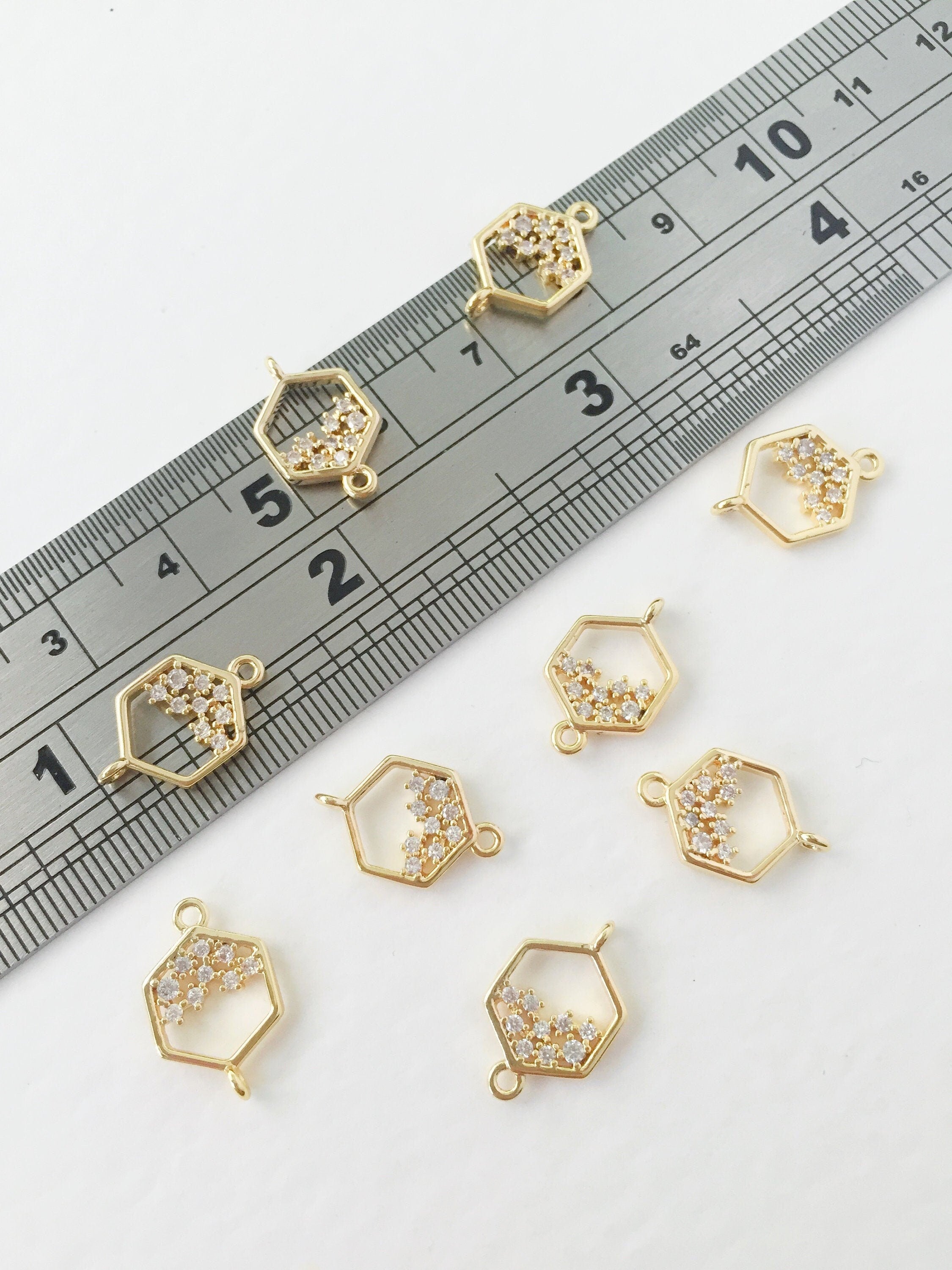 1 x 18K Gold Plated Hexagon Connectors with Cubic Zirconia, 9x14mm (0139)