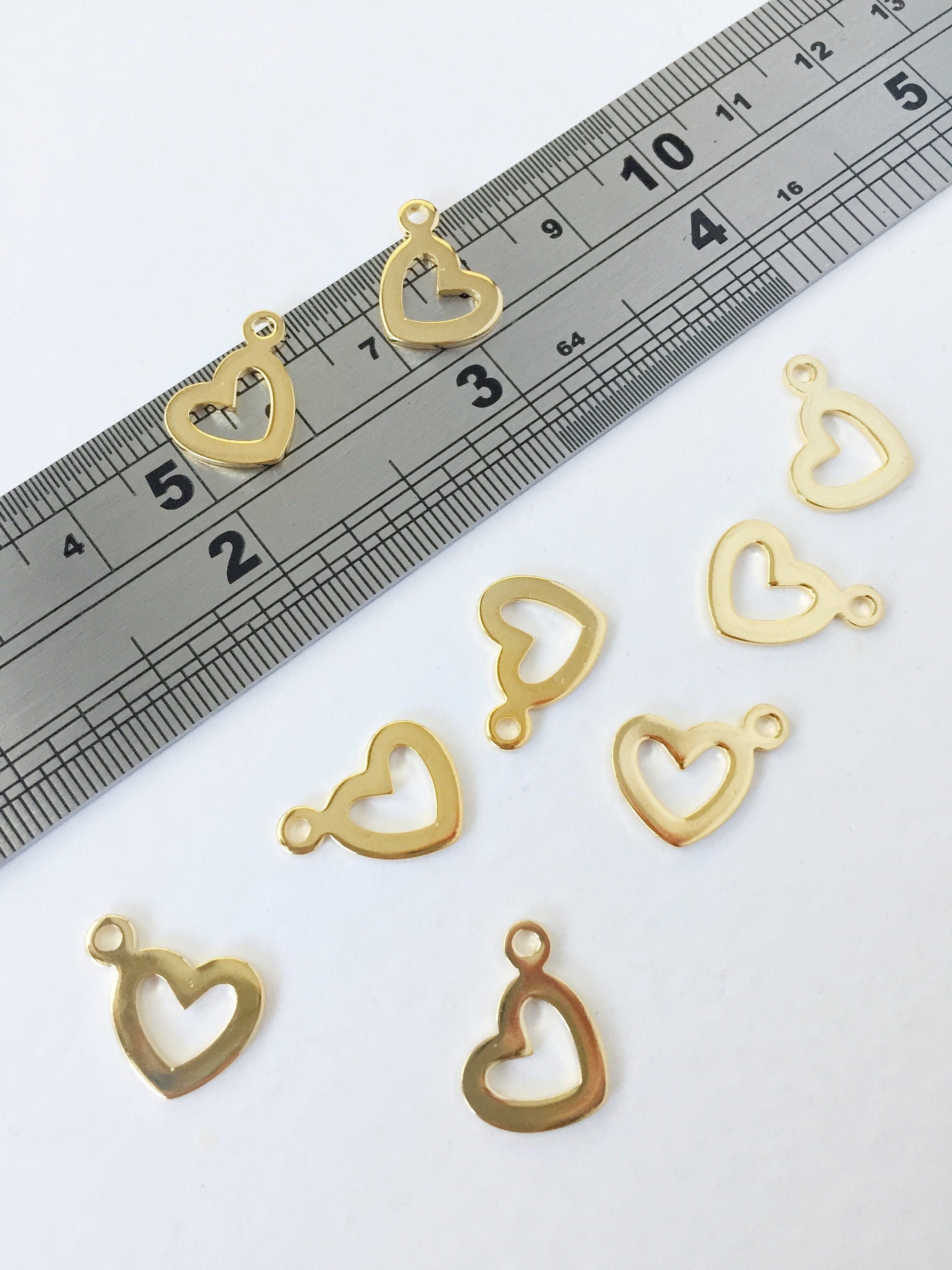 8 x Gold Plated Stainless Steel Open Heart Charms, 15x13mm