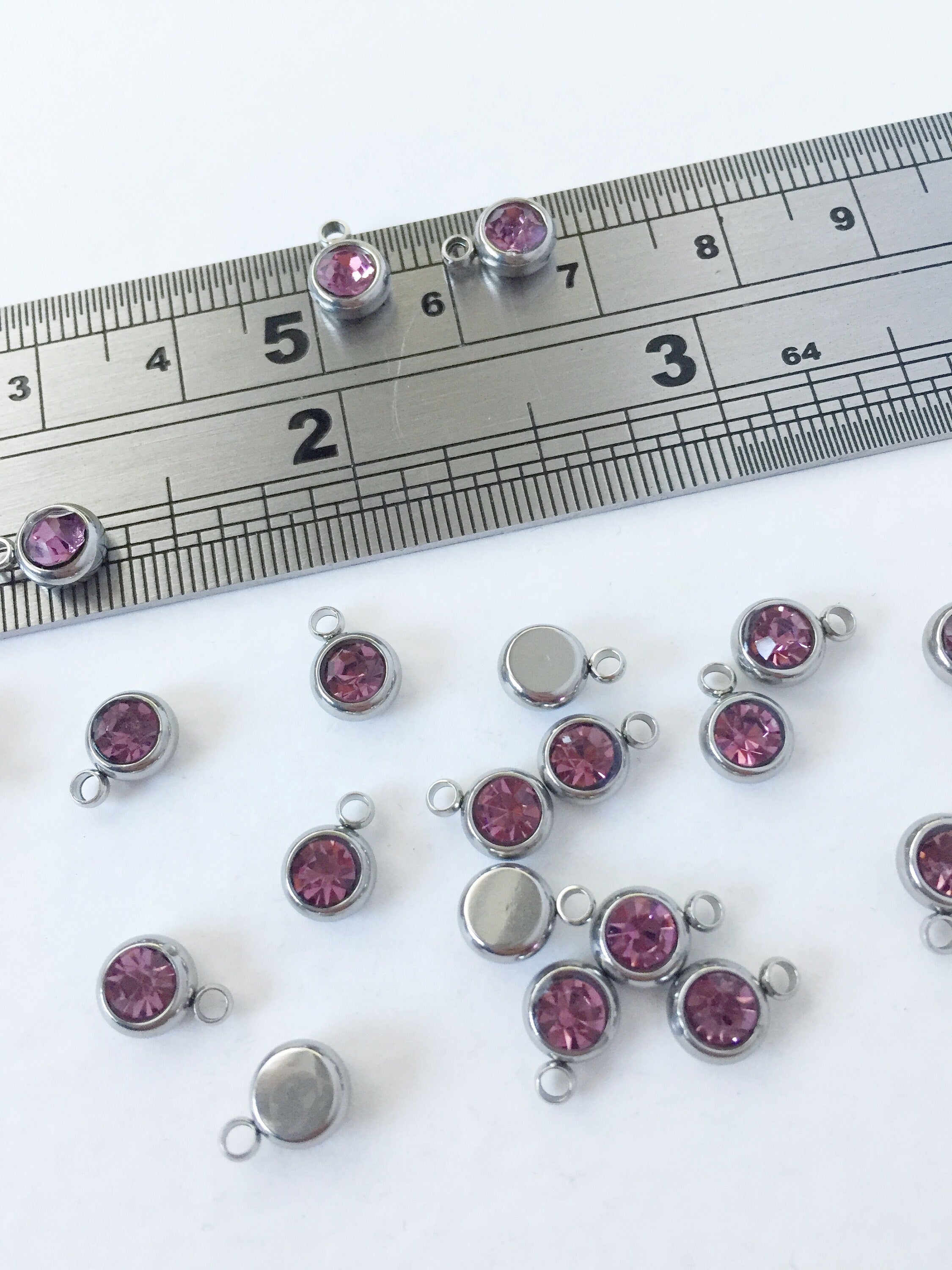 10 x Stainless Steel Pink Crystal Charms, 8x6mm (0362)