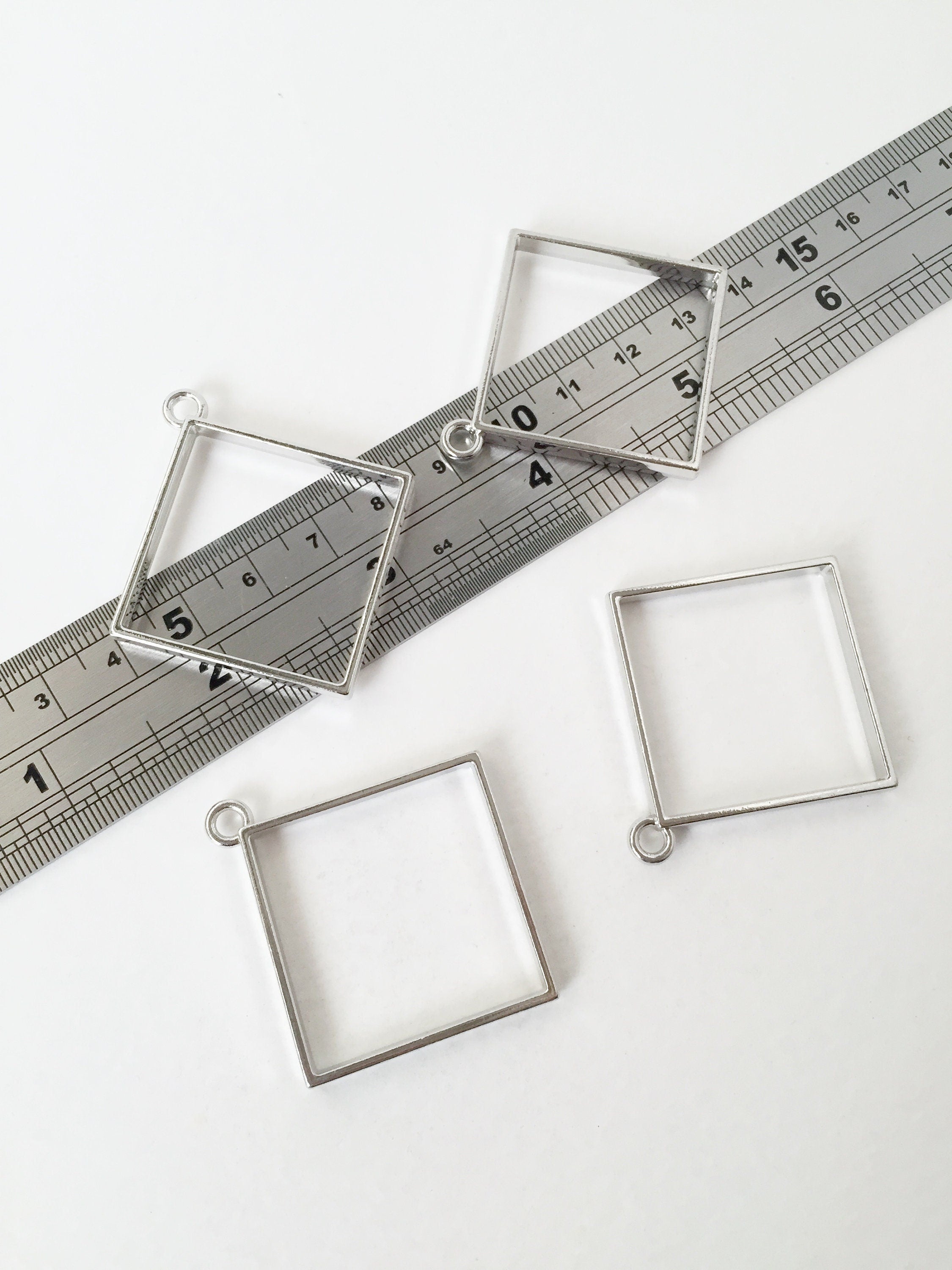 2 x Large Platinum Rhombus Open Bezel Pendants, 49x44mm (2466)