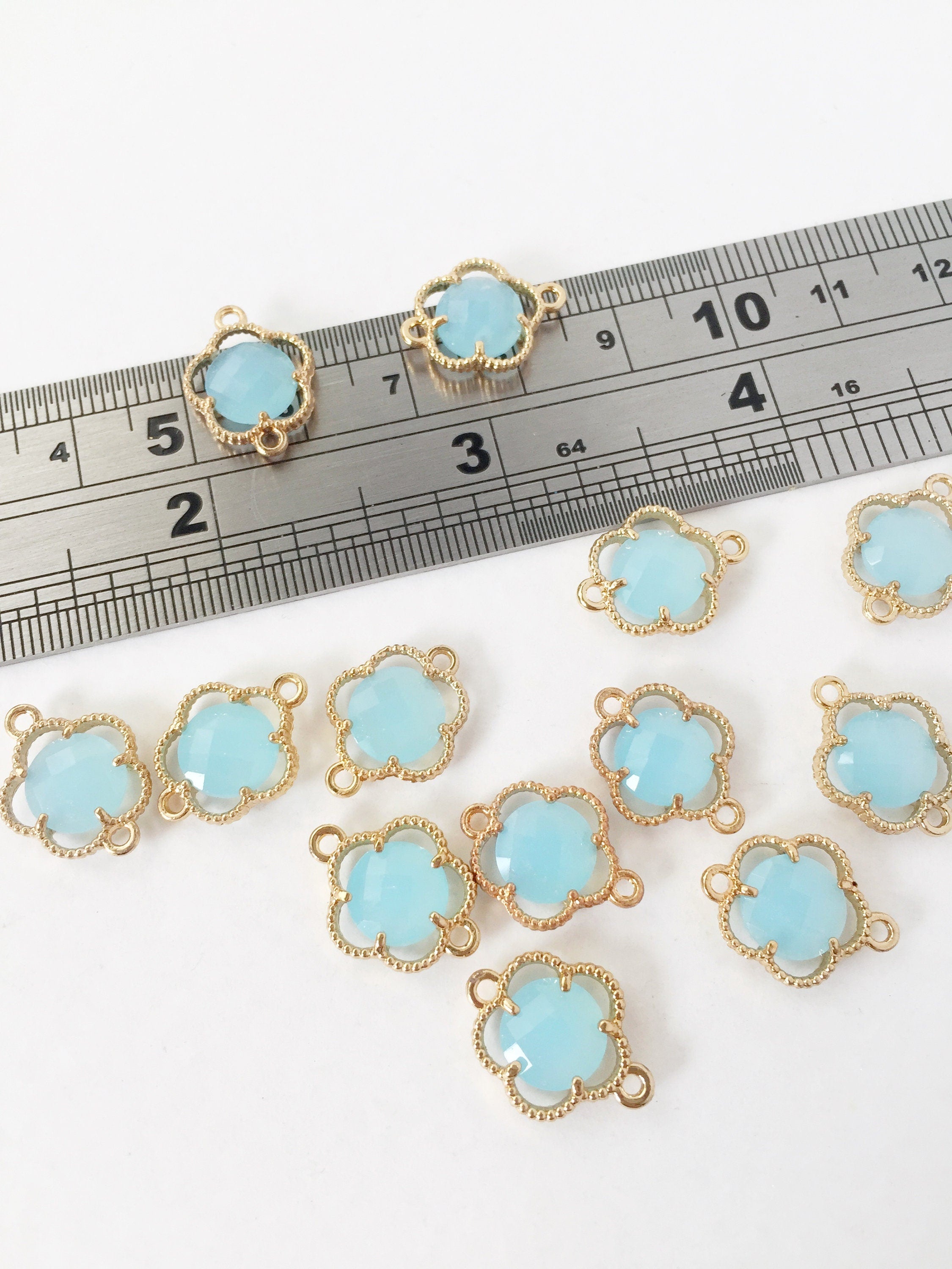 2 x Gold Plated Ice Blue Opaque Glass Flower Connectors, 16x12mm (1055)