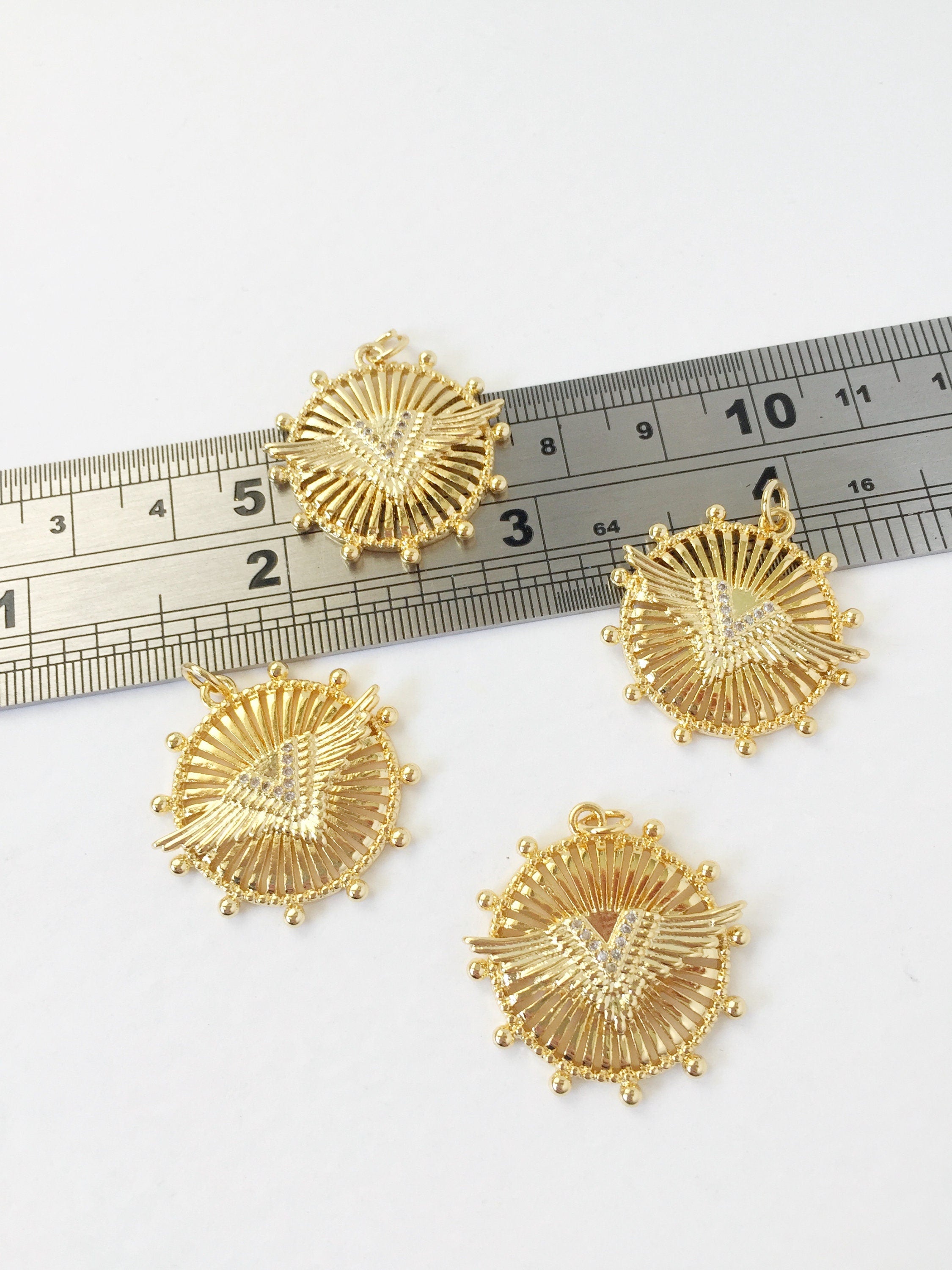 1 x 18K Gold Plated Round Wings Pendant with Cubic Zirconia, 26x25mm (1075)