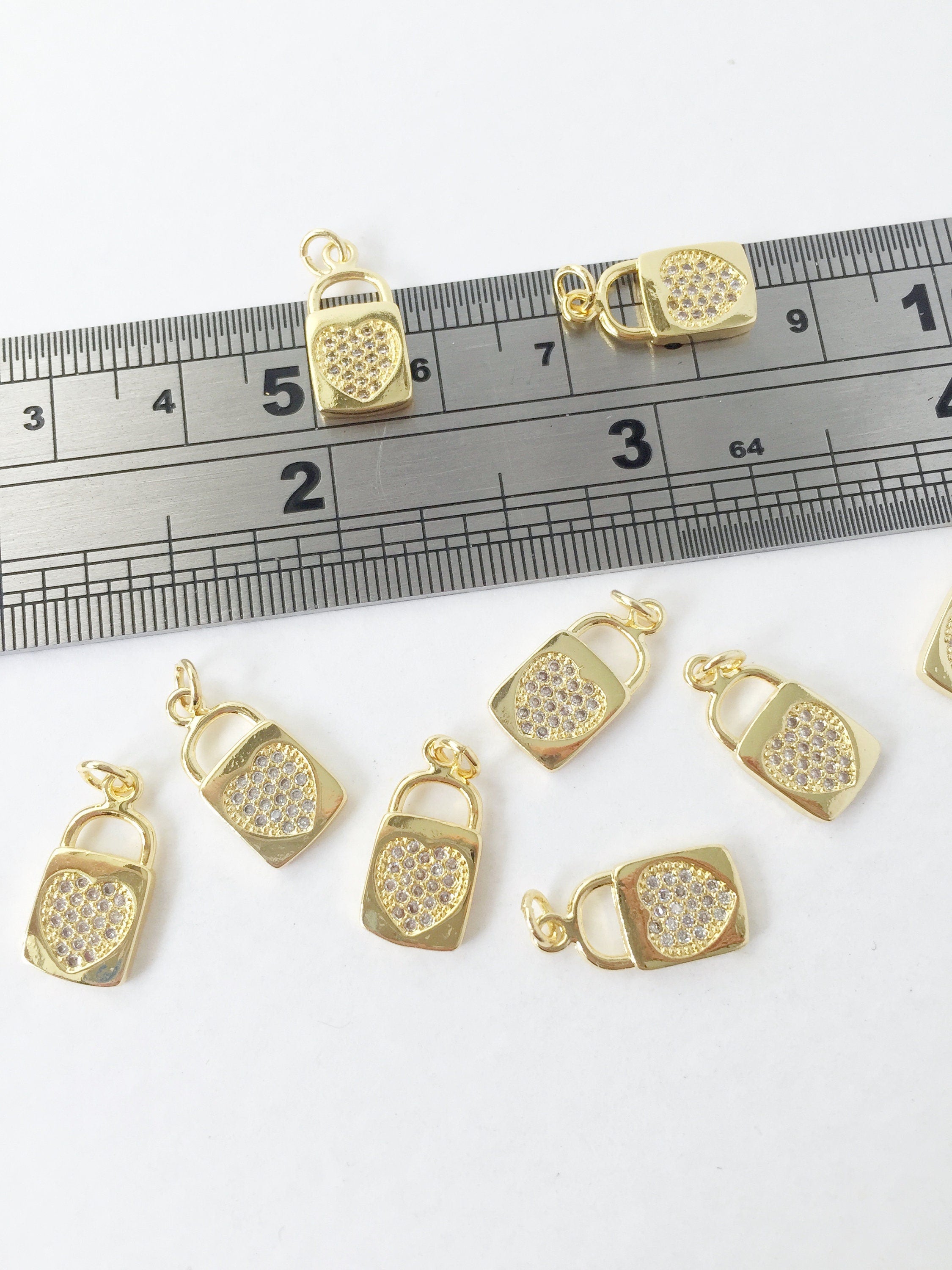 1 x 18K Gold Plated Cubic Zirconia Heart Lock Charm with CZ, 15x8mm (1079)