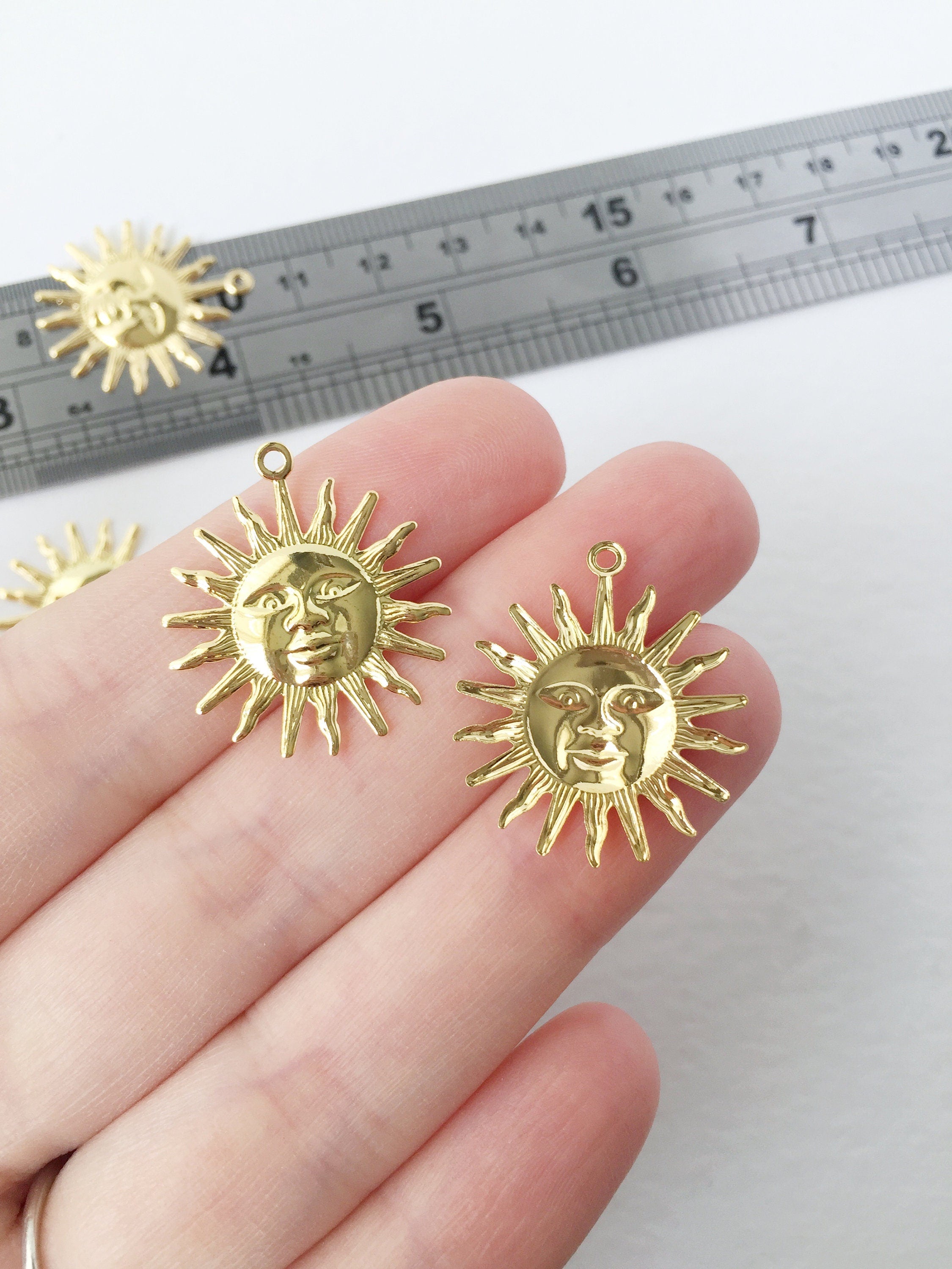 6 x Shiny Gold Plated Sun Pendants, 25x22mm (3360)