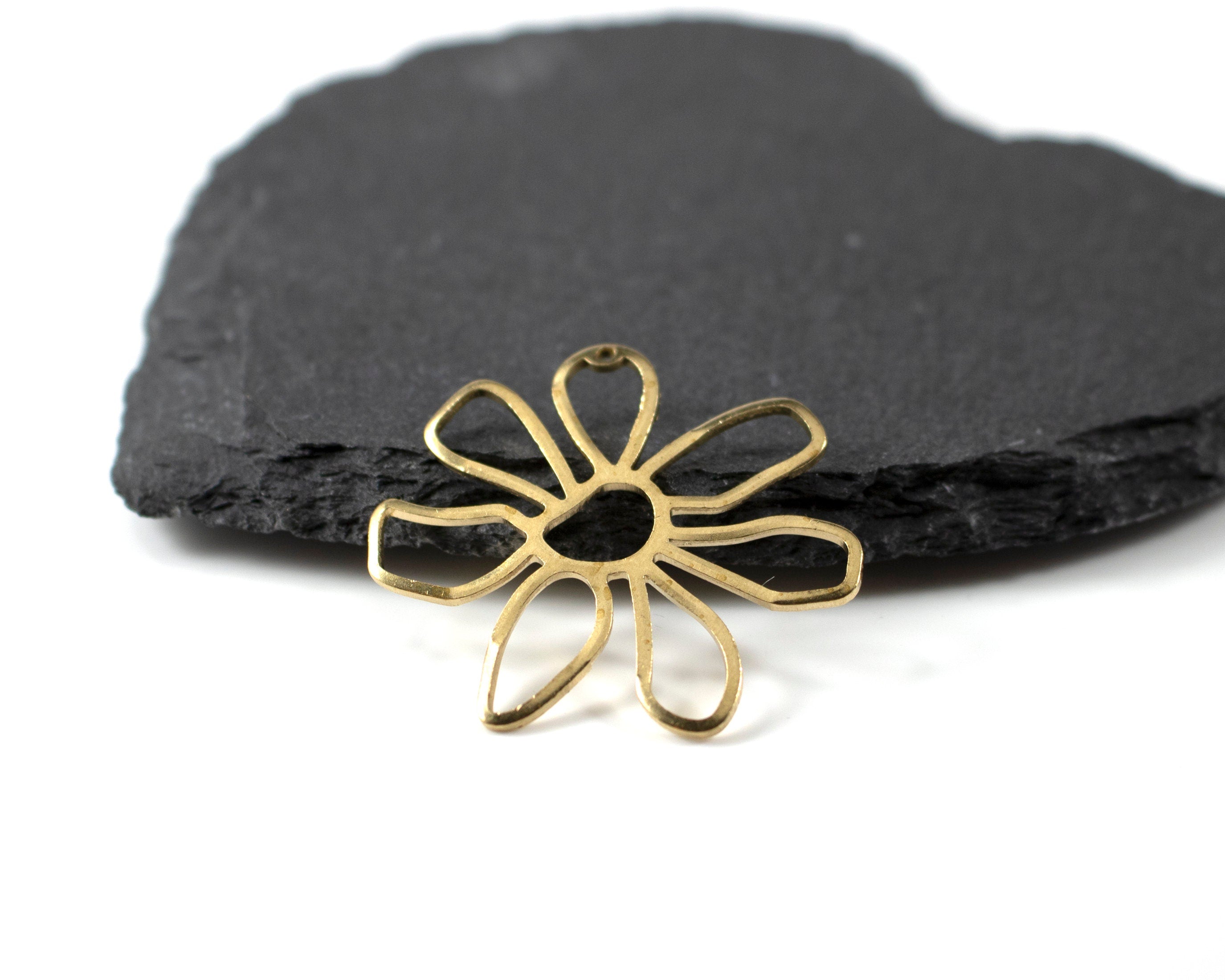 2 x Raw Brass Abstract Flower Pendants, 35mm (3030)