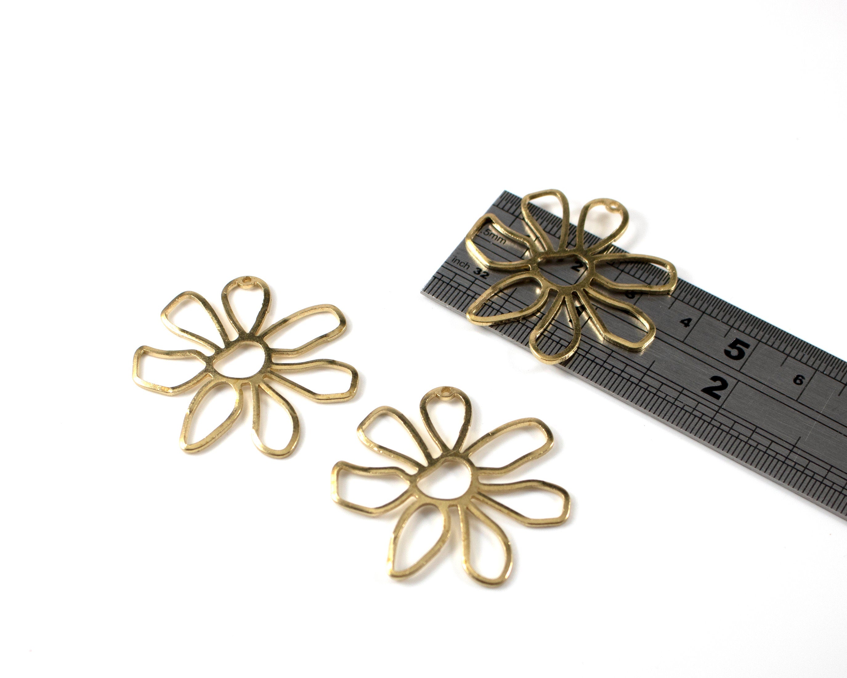 2 x Raw Brass Abstract Flower Pendants, 35mm (3030)