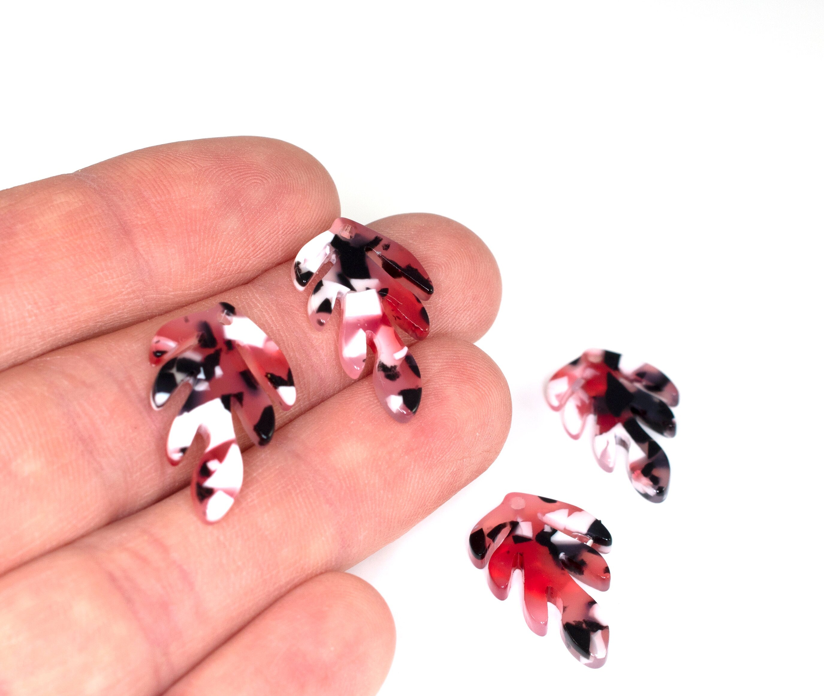 4 x Red, Black and White Cellulose Acetate Leaf Charms, 25x16mm (C0572)