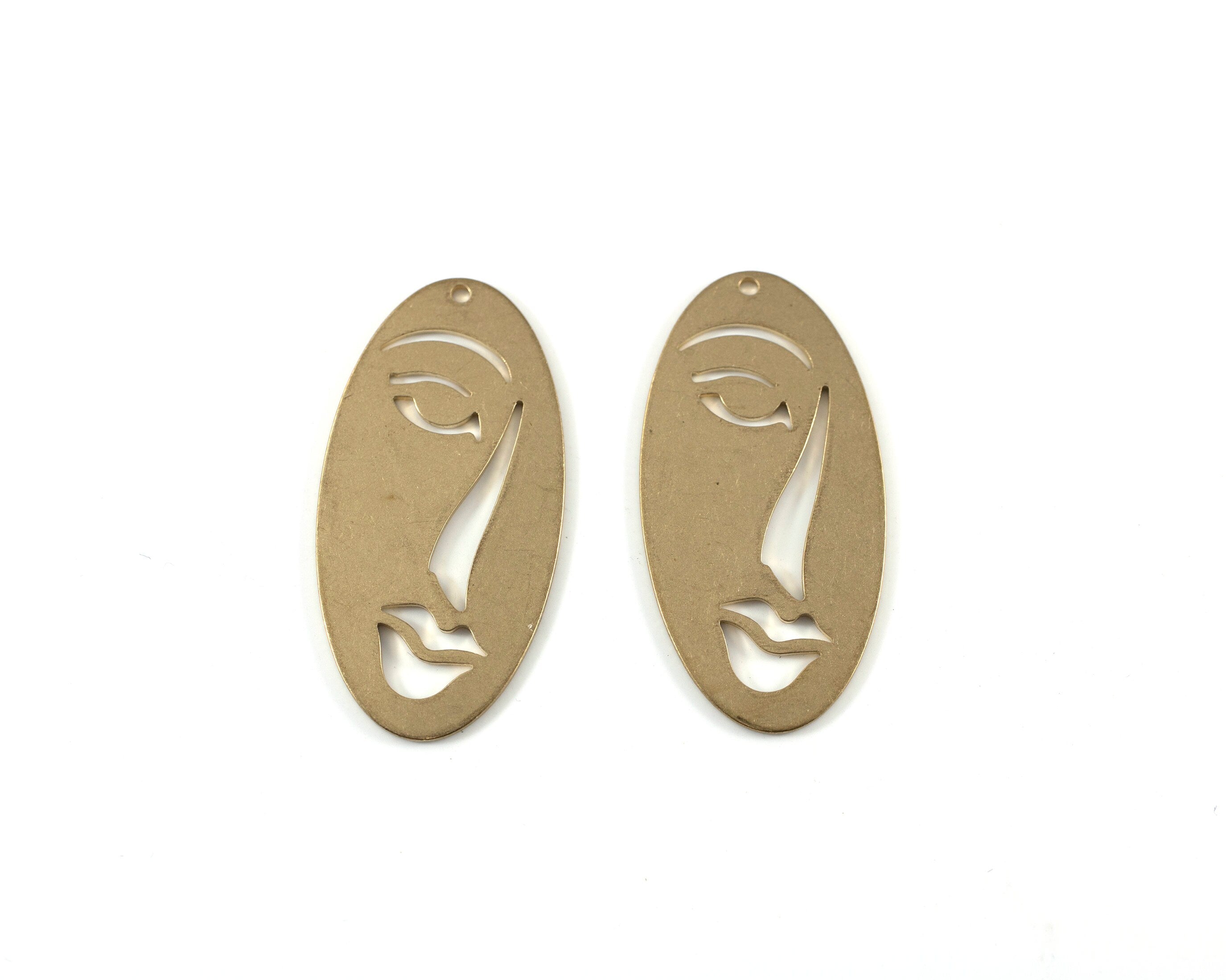 2 x Large Raw Brass Abstract Face Silhouette Pendants, 38x19mm (C0440)