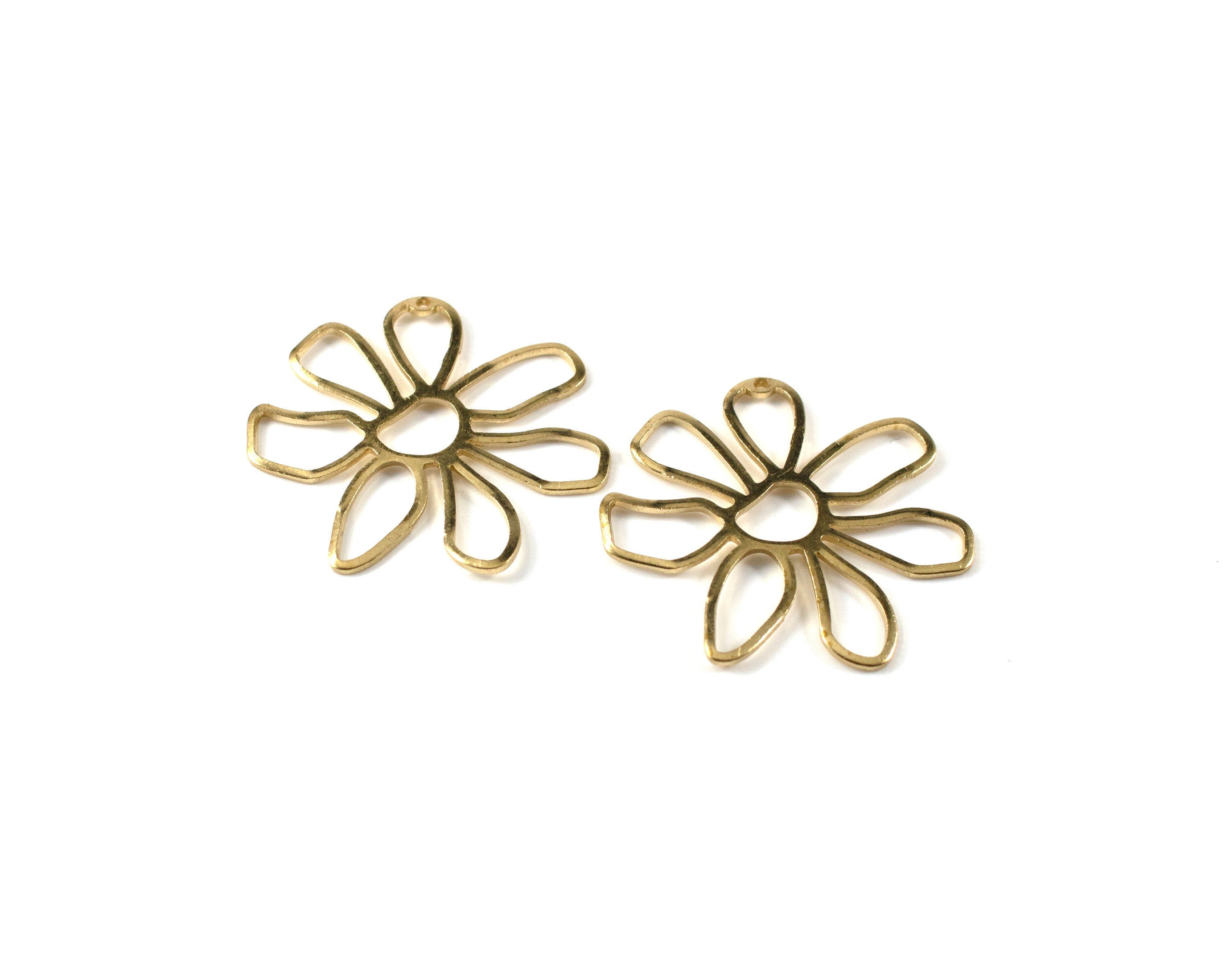 2 x Raw Brass Abstract Flower Pendants, 35mm (3030)