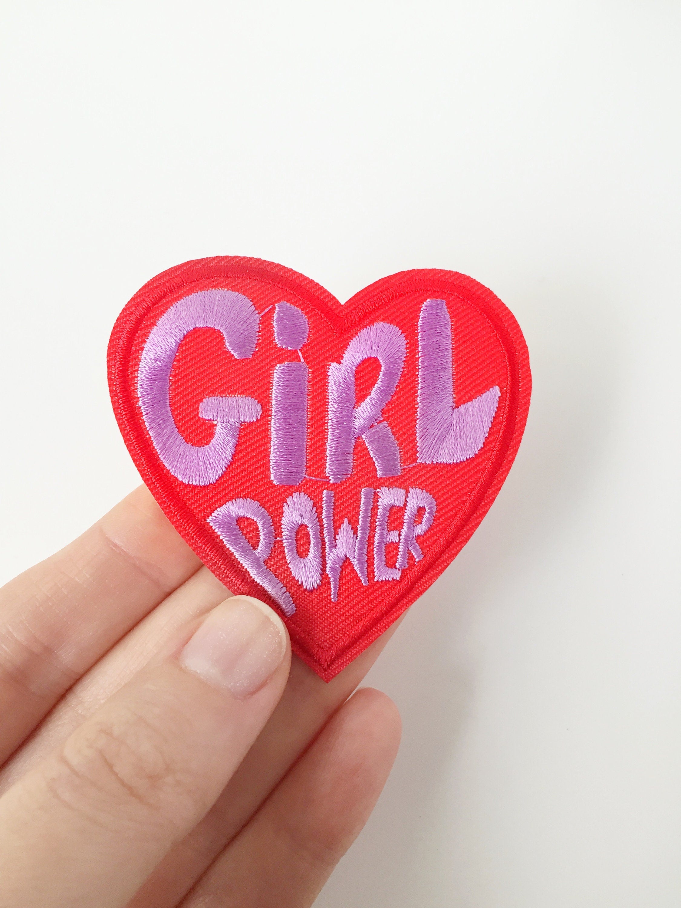 Girl Power Iron-on Patch, Red Embroidered Heart Badge