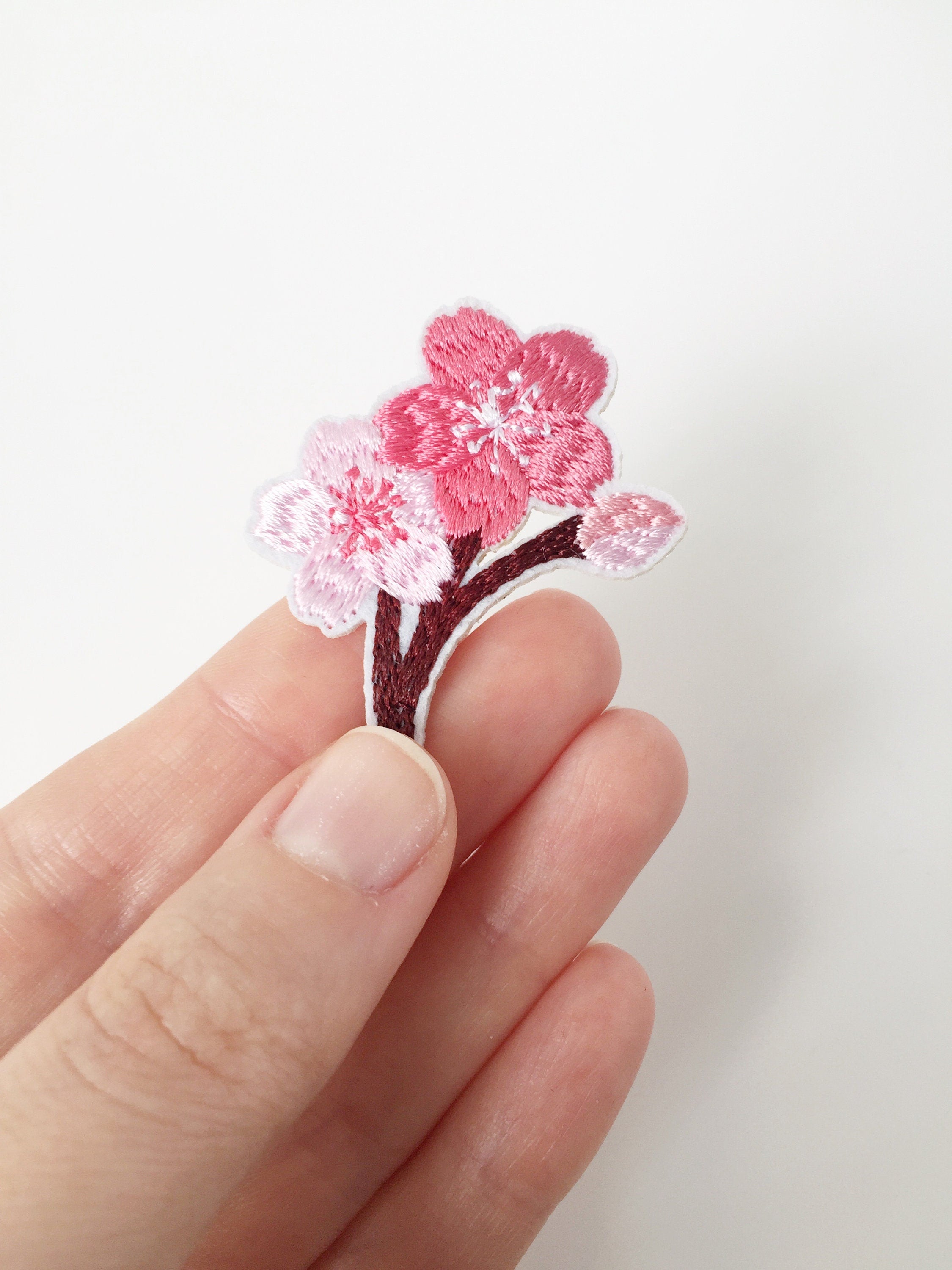 Pink Sakura Iron-on Patch, Embroidered Cherry Blossom Badge