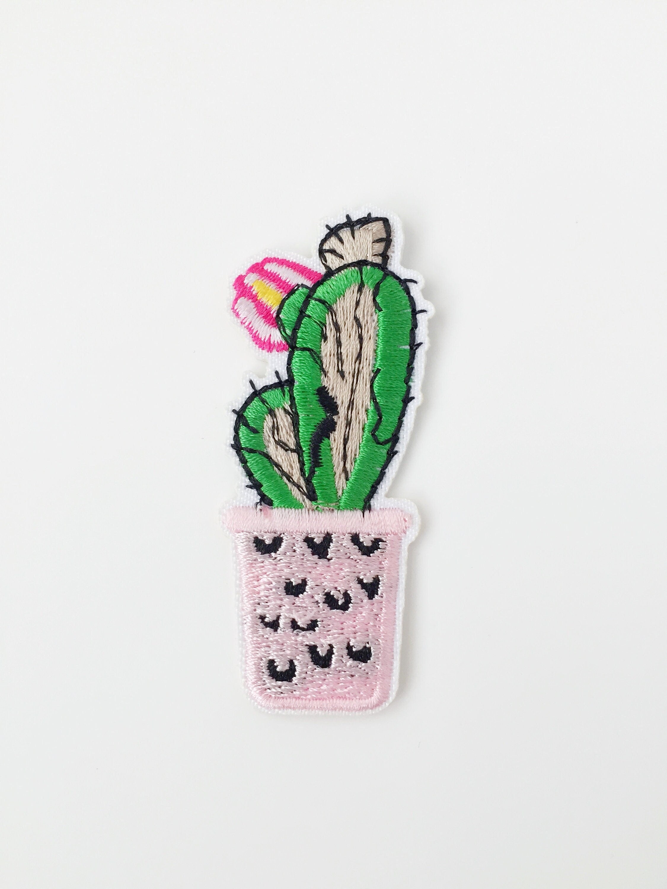 Blooming Cactus Iron-on Patch, Potted Cactus Embroidery Motif