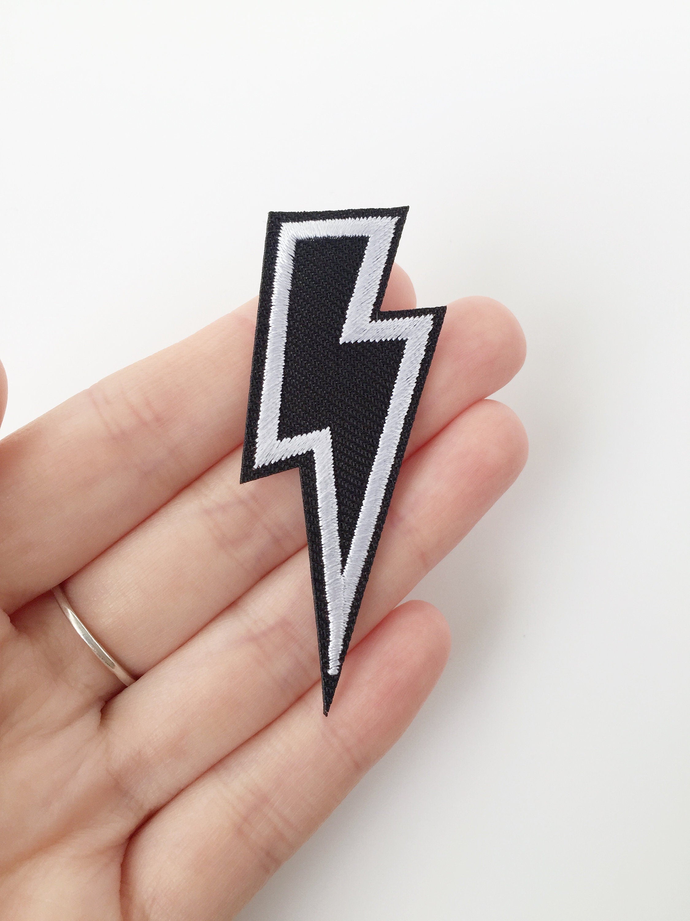 Black and White Lightning Bolt Iron-on Patch, Rock Punk Metal Motif