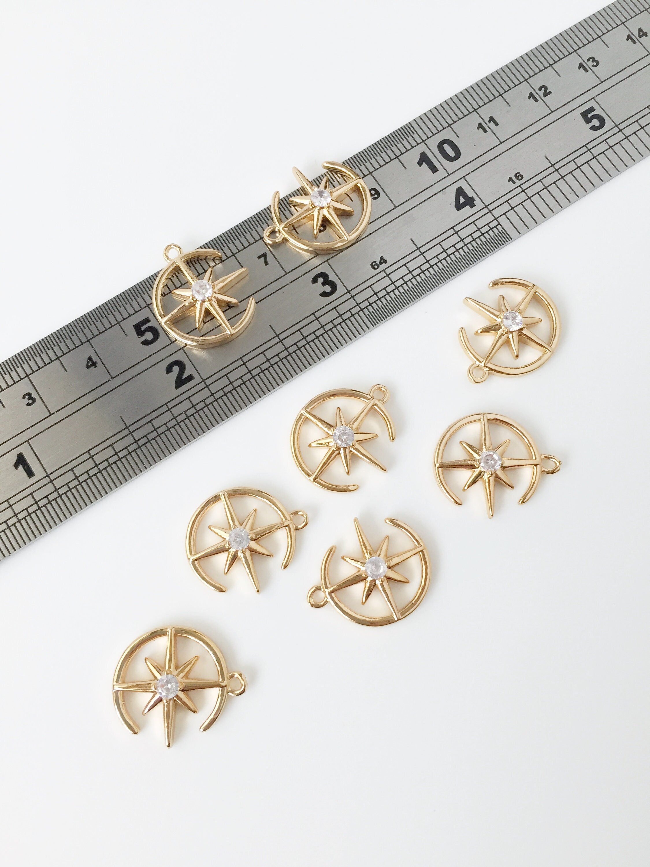 1 x 24K Gold Plated Moon and Star Charm with Cubic Zirconia, 15x17mm (2235)