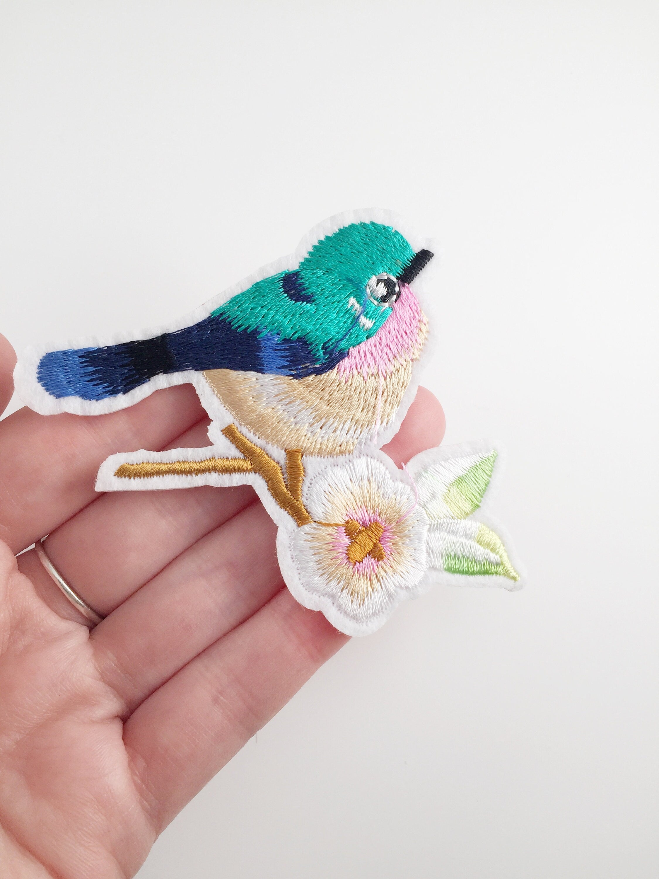 Blue Tit Iron-on Patch, Bluebird Badge, Embroidered Bird Motif