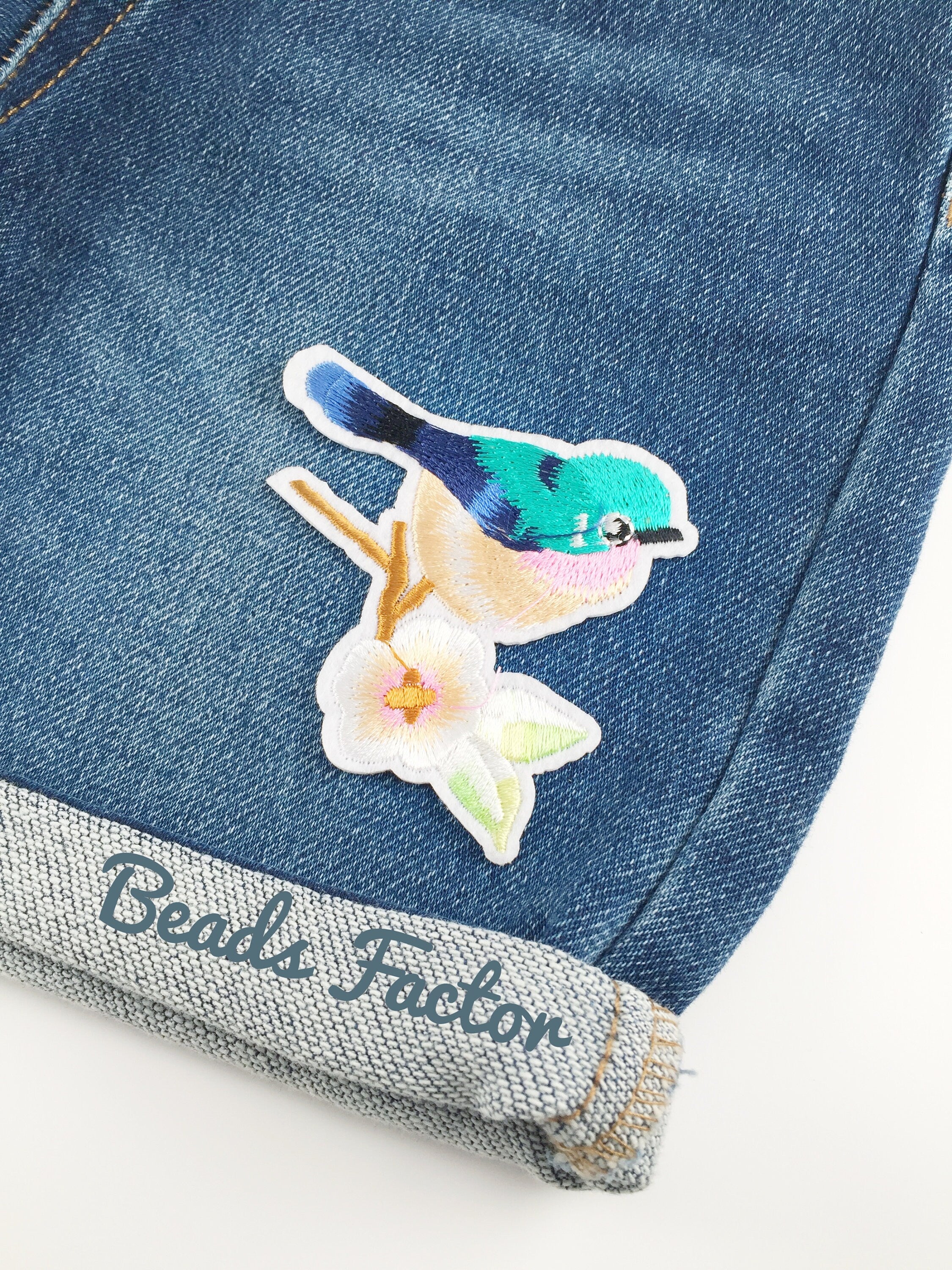 Blue Tit Iron-on Patch, Bluebird Badge, Embroidered Bird Motif