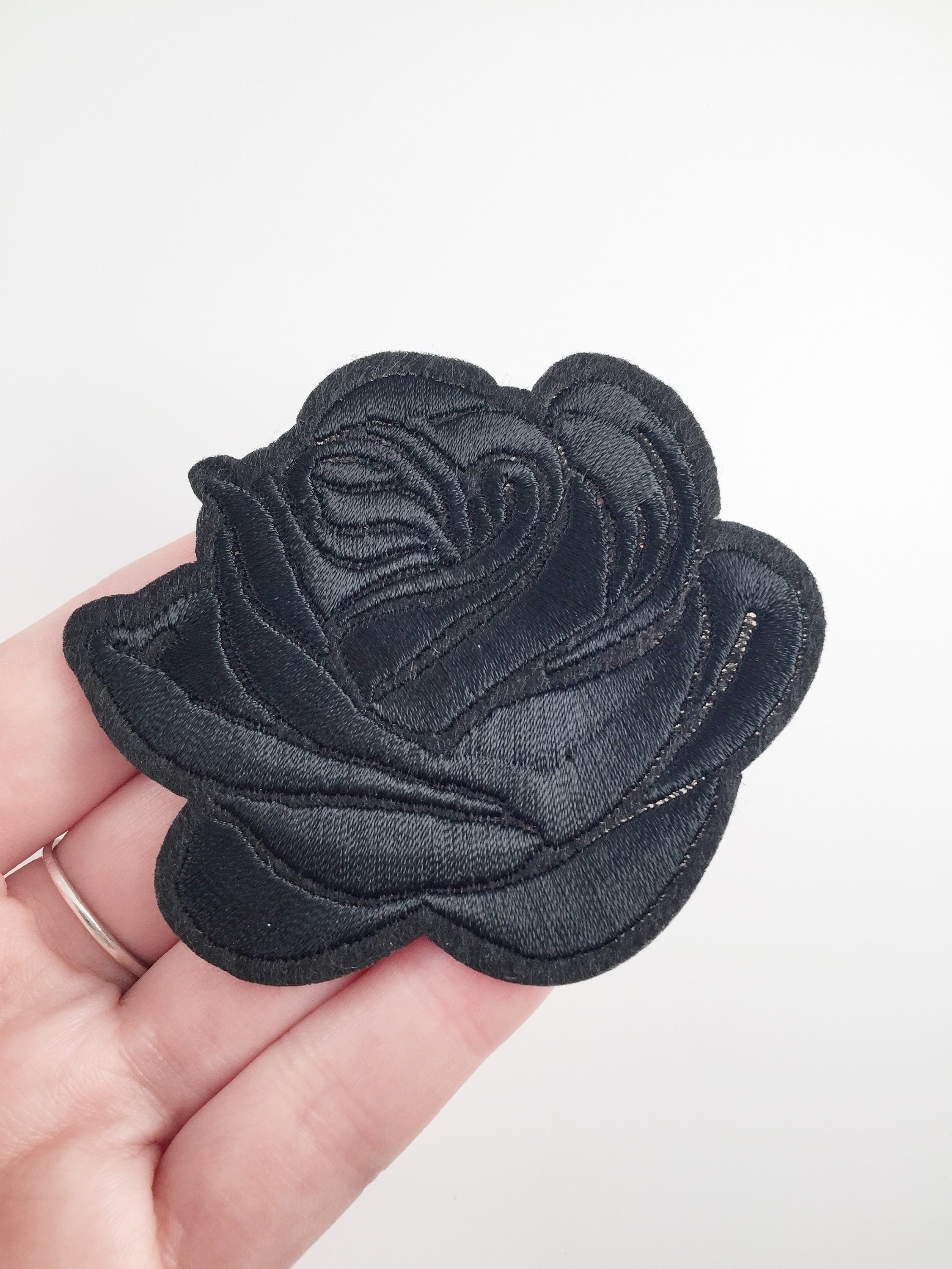 Black Rose Iron-on Patch, Embroidered Gothic Rose Applique