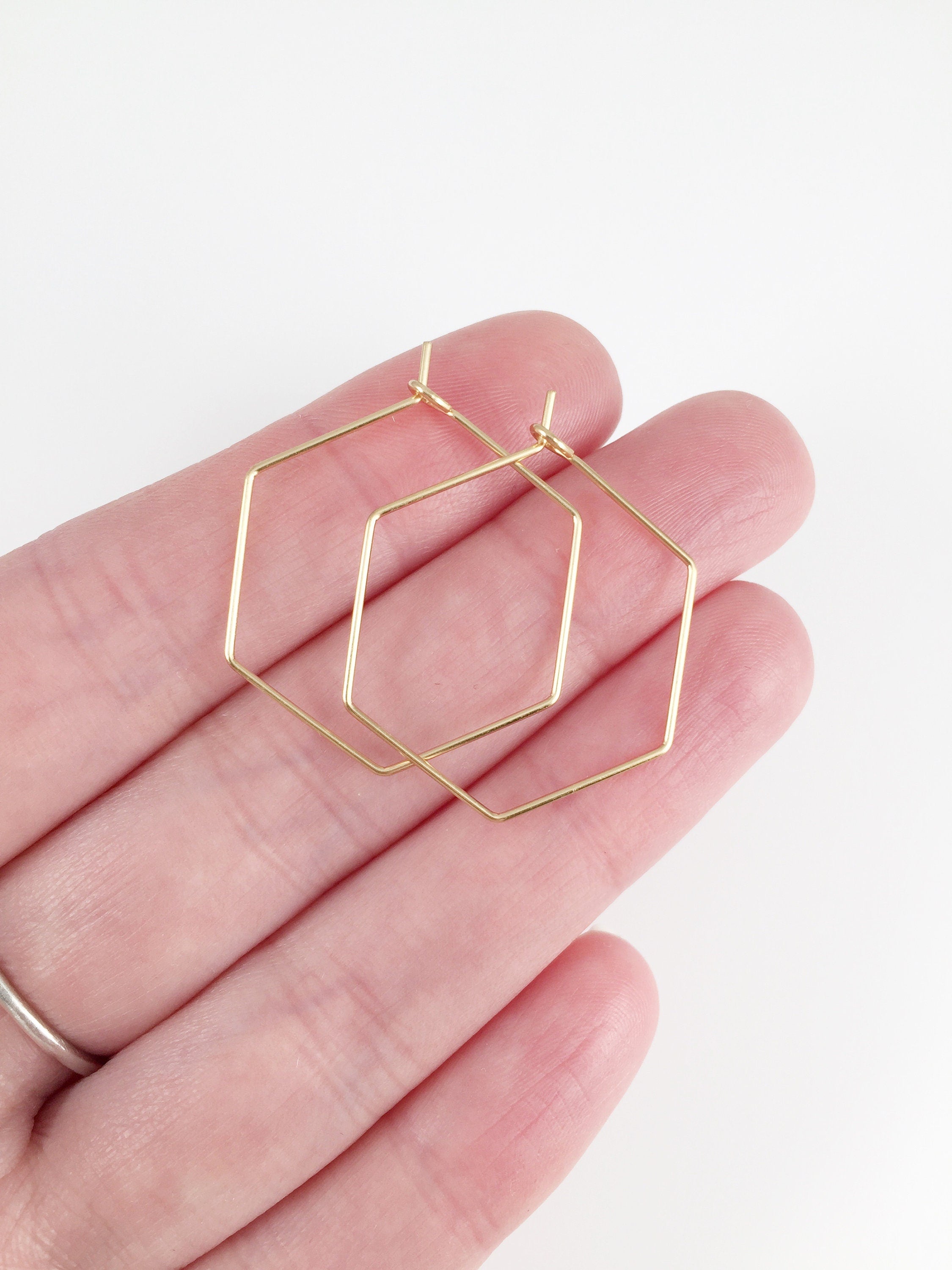 1 pair x Gold Stainless Steel Hexagon Earring Wire, 25x28mm Beadable Earring Hoops (2333)
