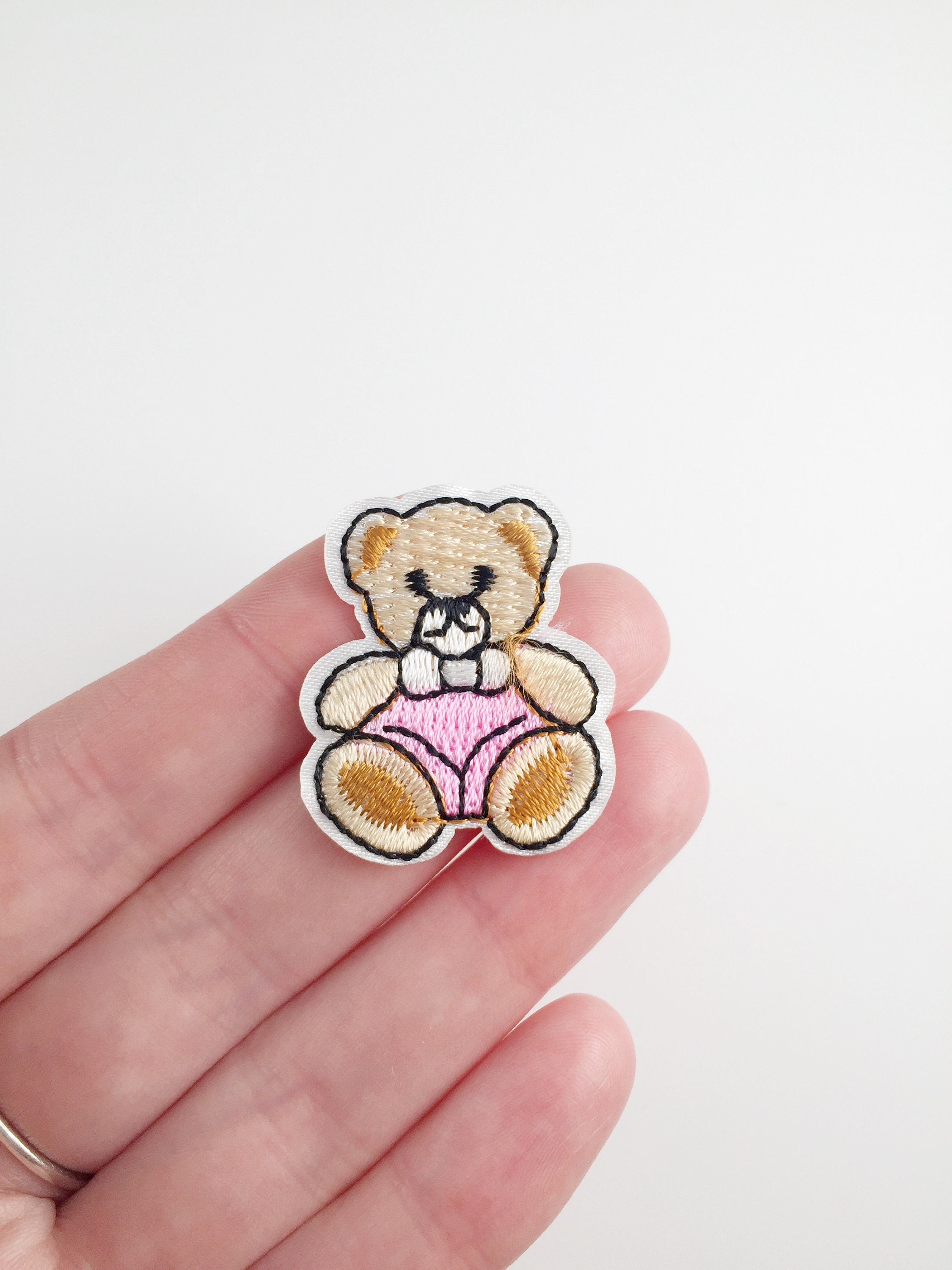 Tiny Pink Teddy Bear Iron-on Patch, Cute Bear Girl Embroidered Motif