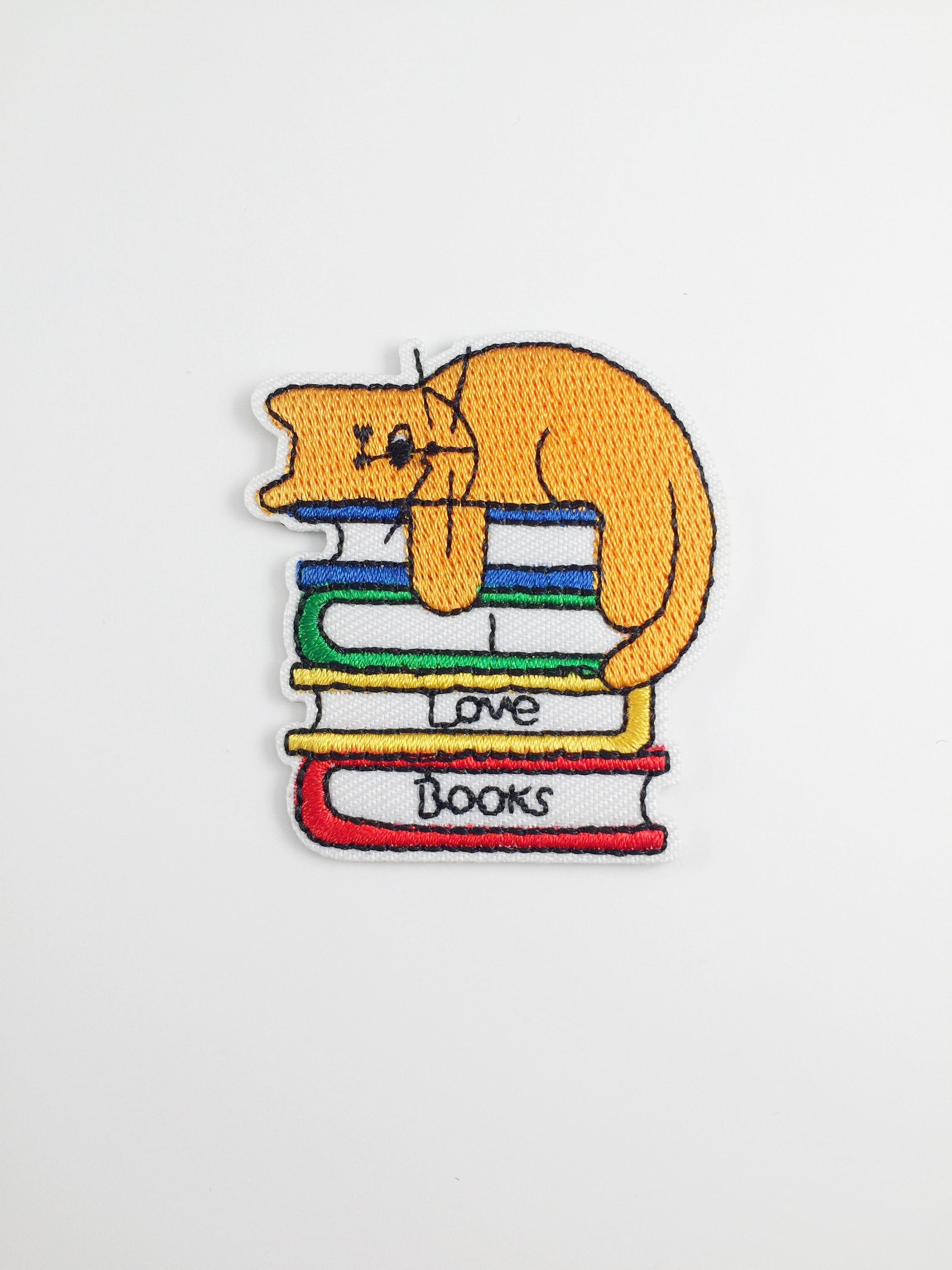 I Love Books Iron-on Patch, Reader's and Cat Lover Badge