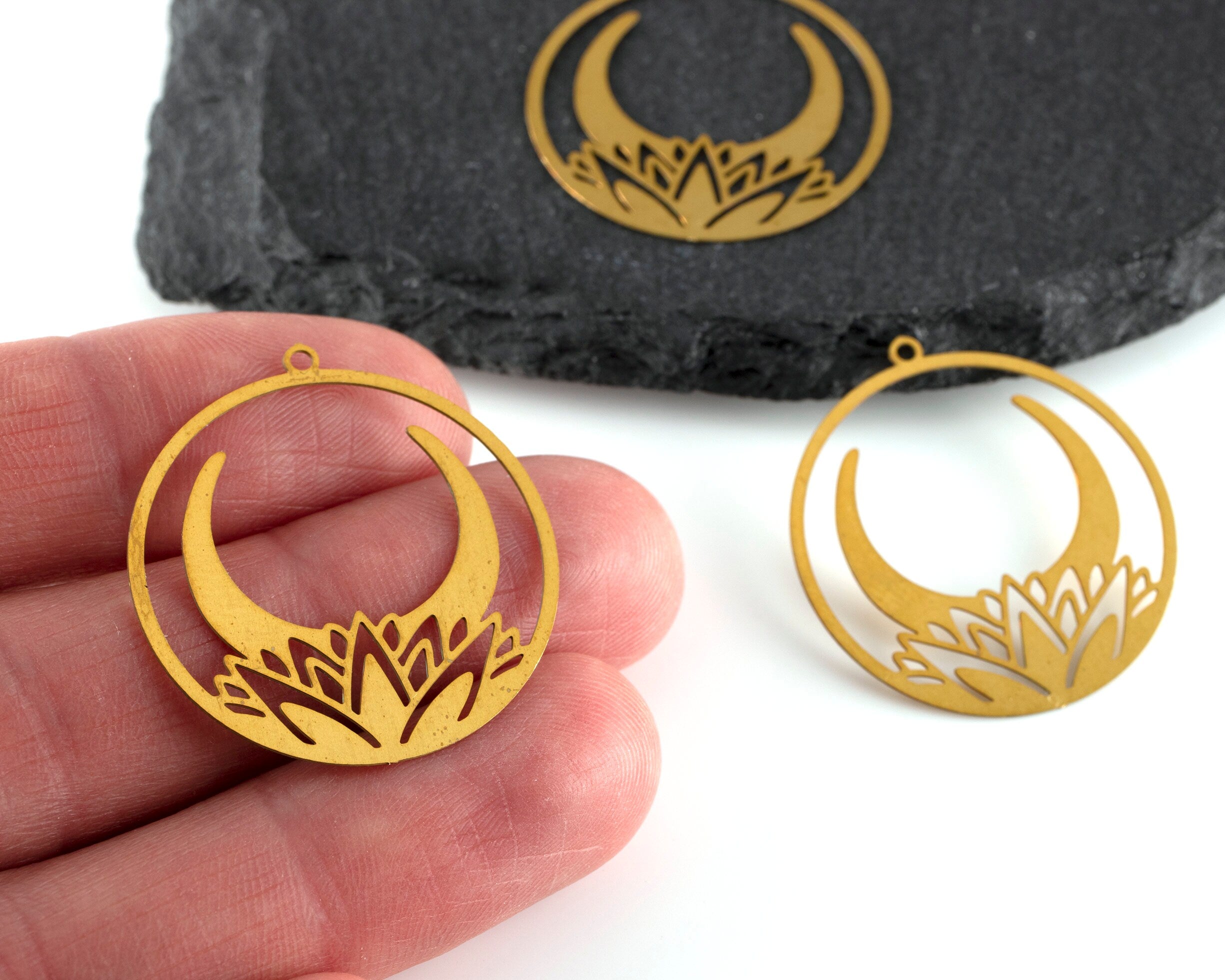 2 x Raw Brass Lotus Moon Filigree Pendants, 32x30mm (C0471)