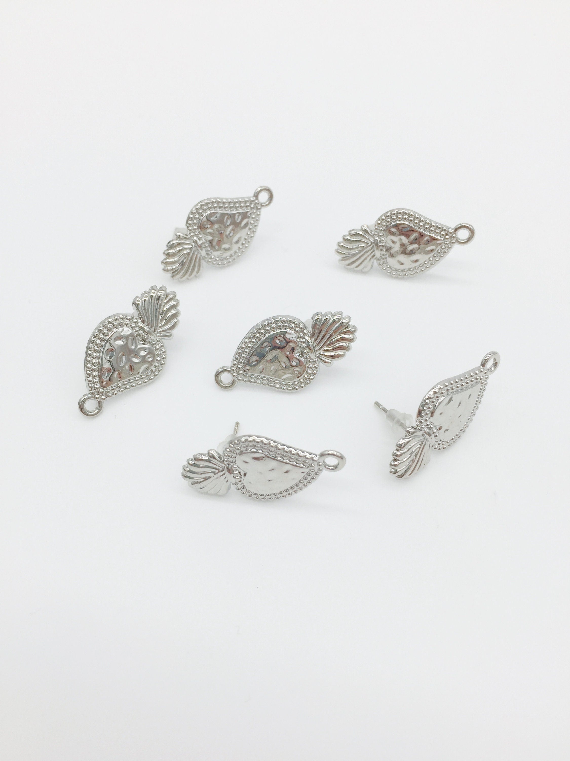 1 pair x Rhodium Plated Sacred Heart Earring Studs with Loops, Flaming Heart Earrings (2735)