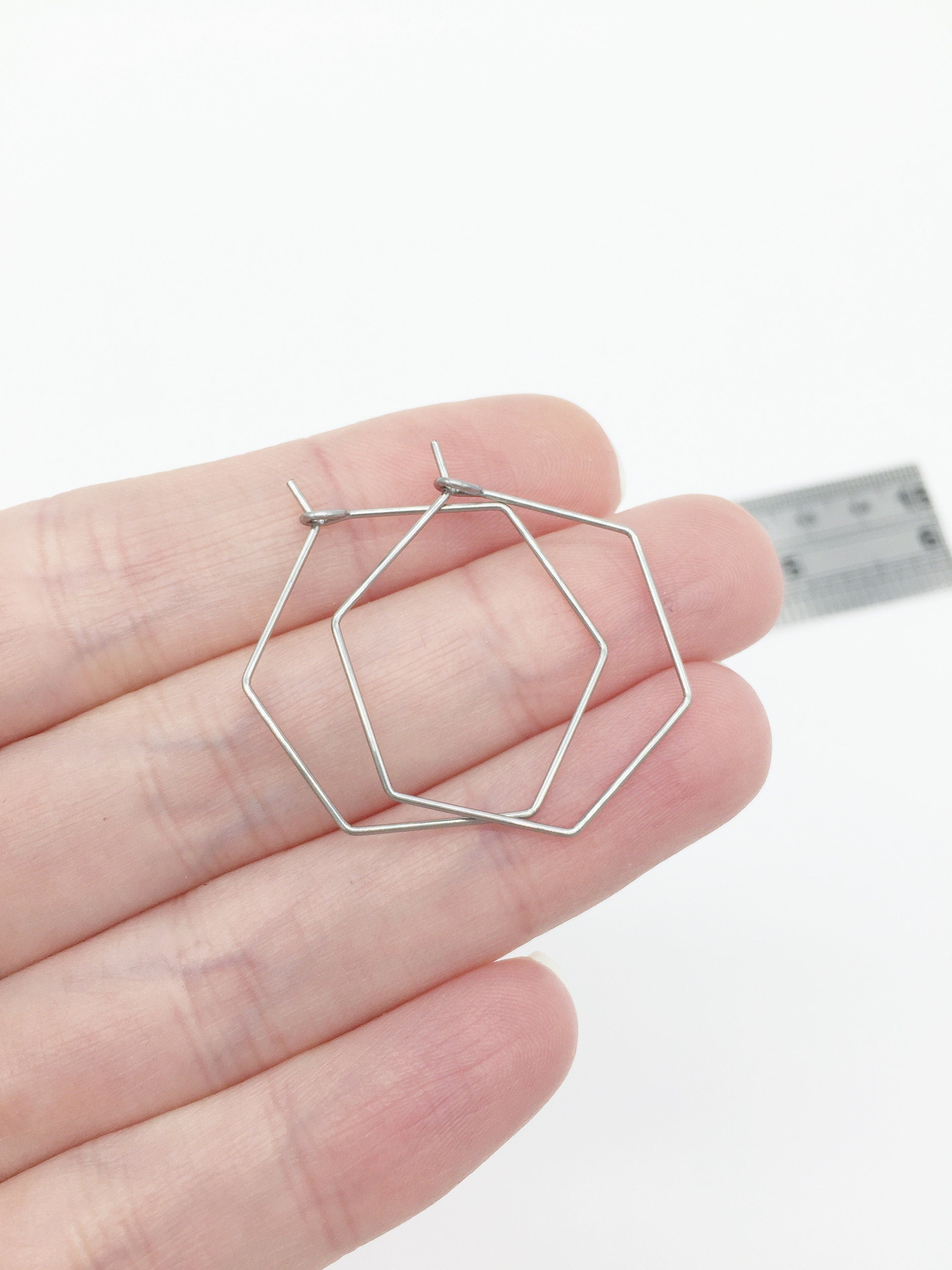 2 pairs x Stainless Steel Hexagon Earring Wire Hoops, 25x28mm (2338)