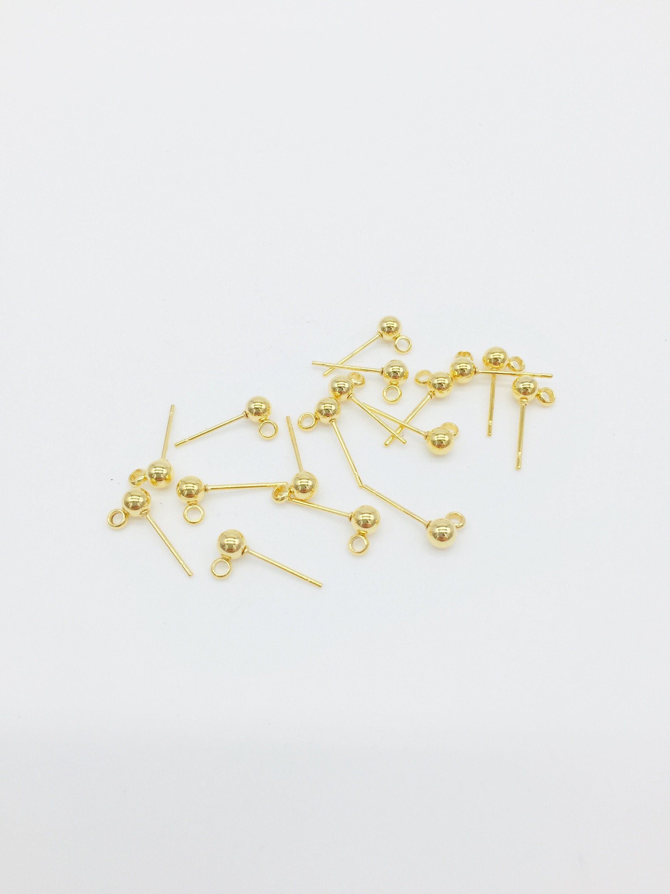 1 pair x 18K Gold Plated Stainless Steel Ball Earring Studs, 4mm Ball Posts with Loop (2724)