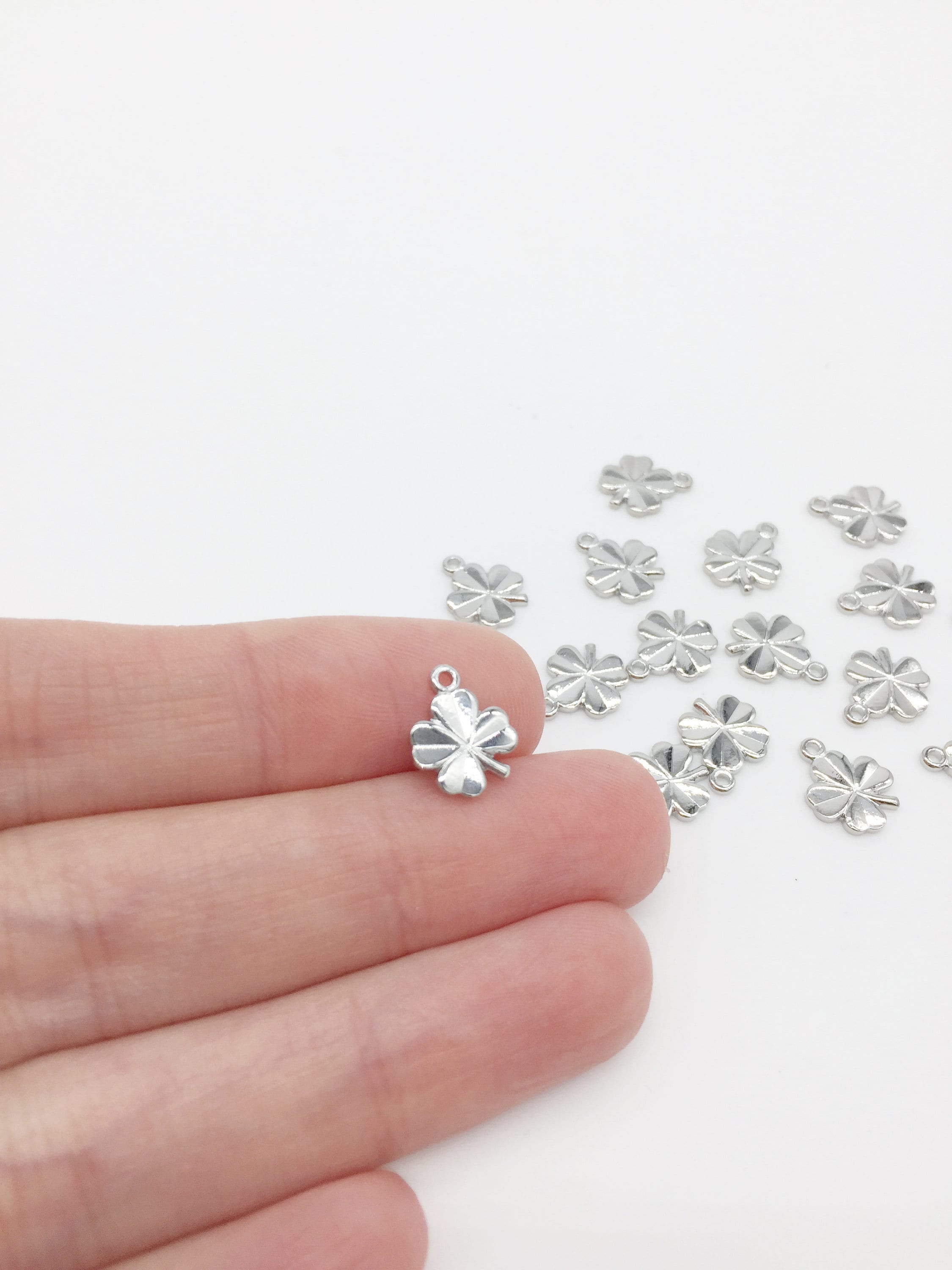 2 x Platinum Plated Four Leaf Clover Charms, 10x9mm (0142S)