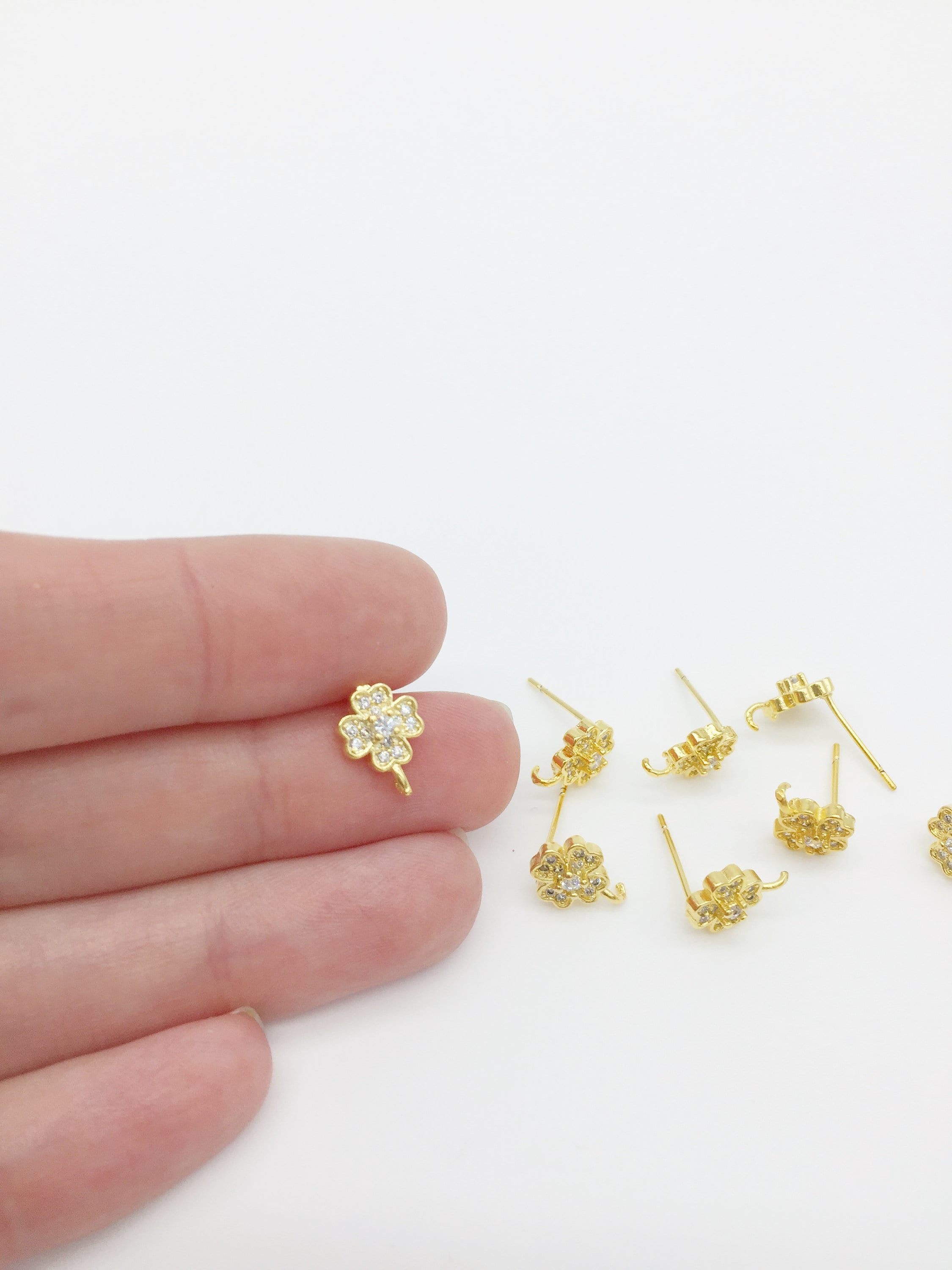 1 pair x 18K Gold Plated CZ Clover Earring Posts, 9x11.5mm (0416)