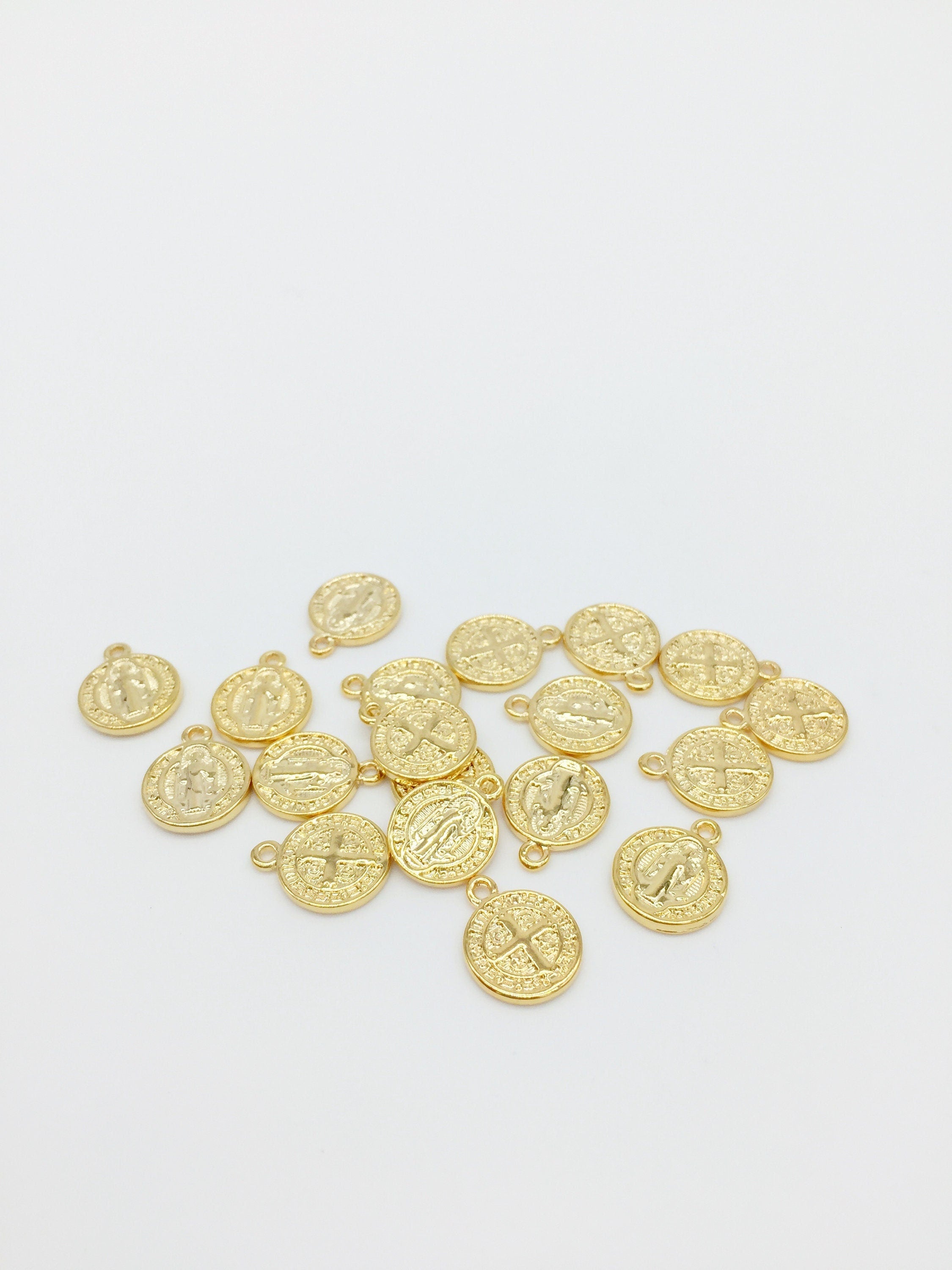 2 x St Benedict Charms 18K Gold Religious Pendants, 14x11mm Spiritual Charms (0460)