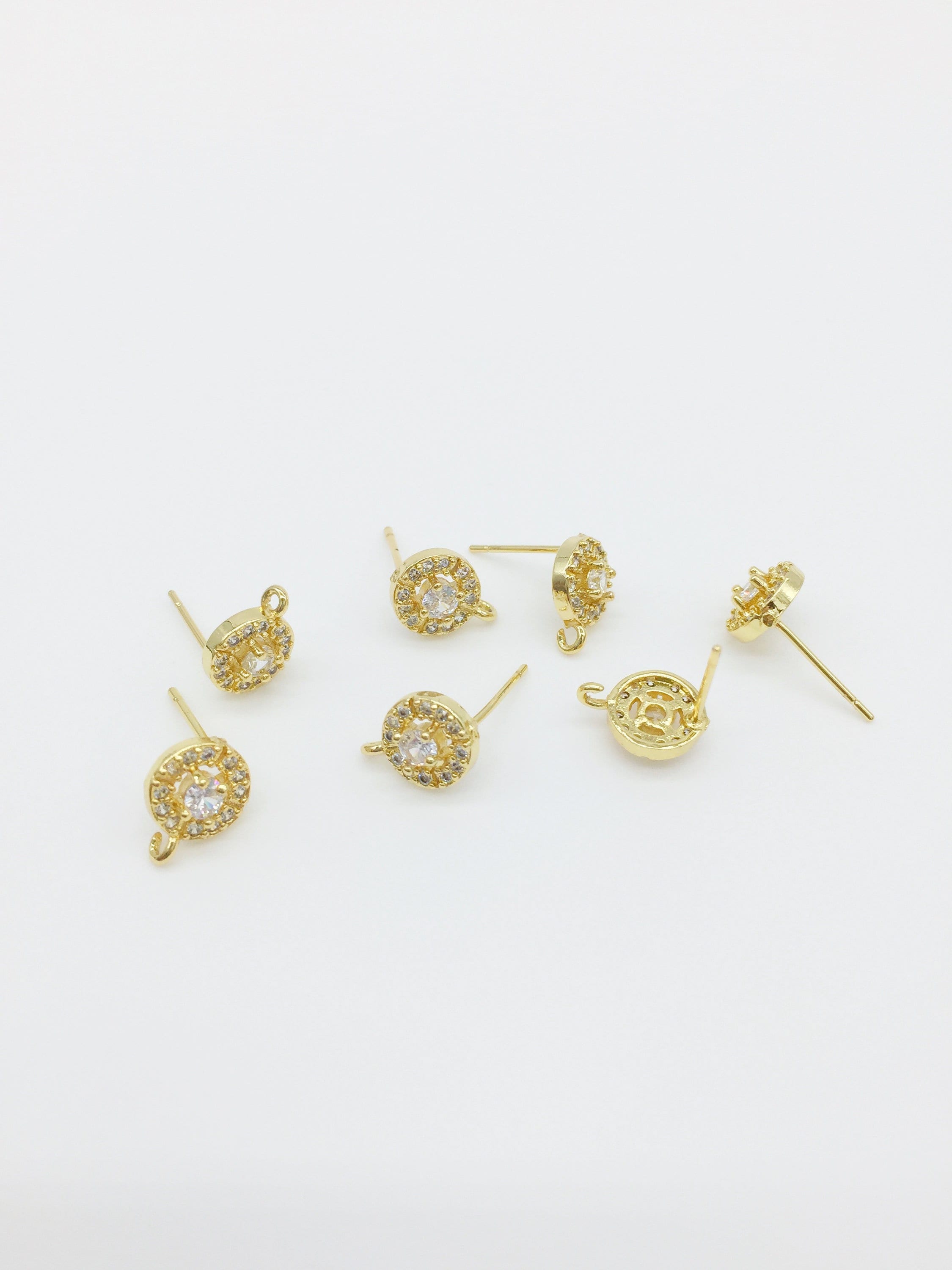 1 pair x 18K Gold Round Zirconia Earring Studs with Loops, 8x11.5mm (0409)