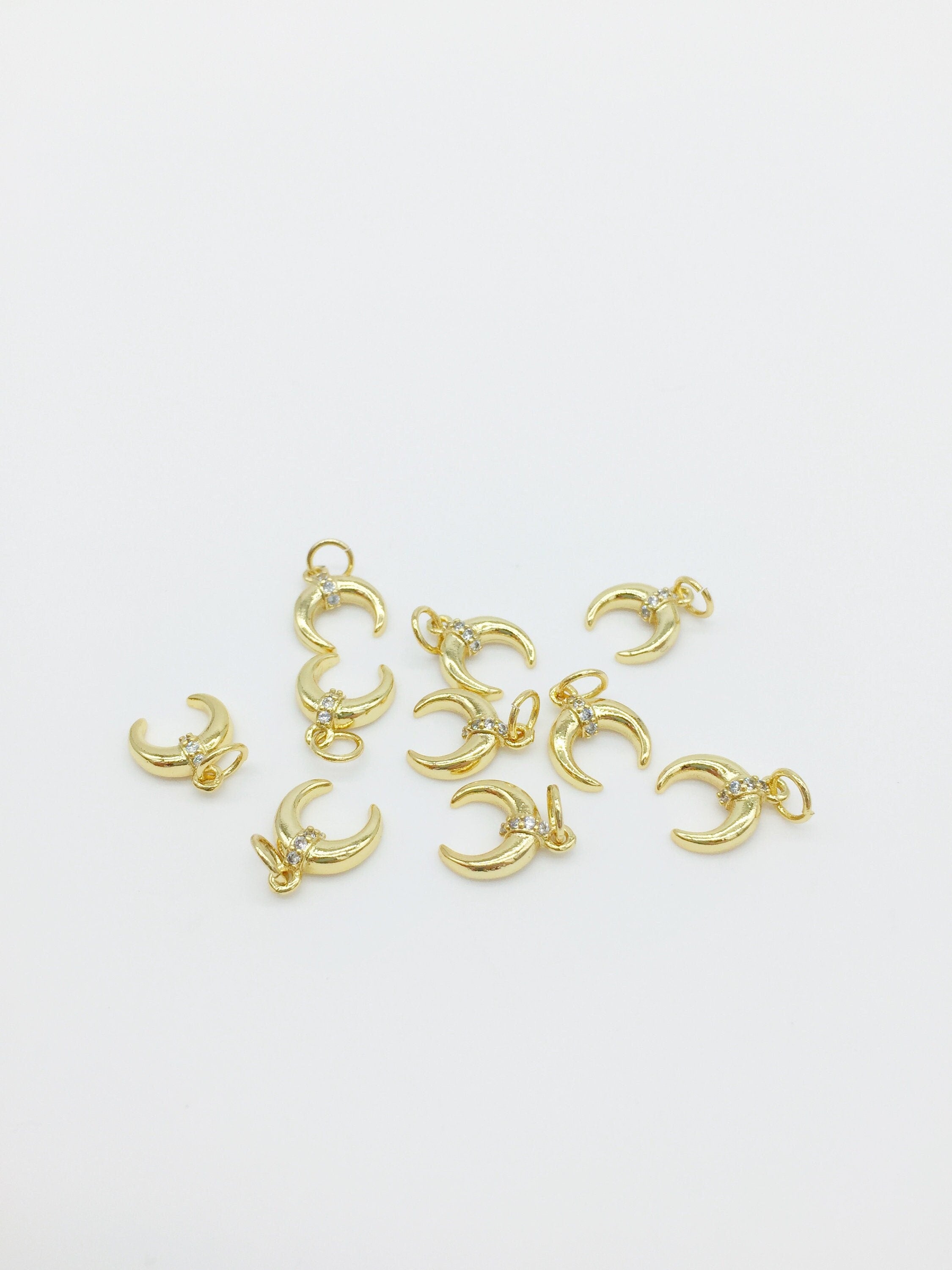 1 x 18K Gold Plated Tiny Cubic Zirconia Crescent Moon Charm, 9x11mm (0449)