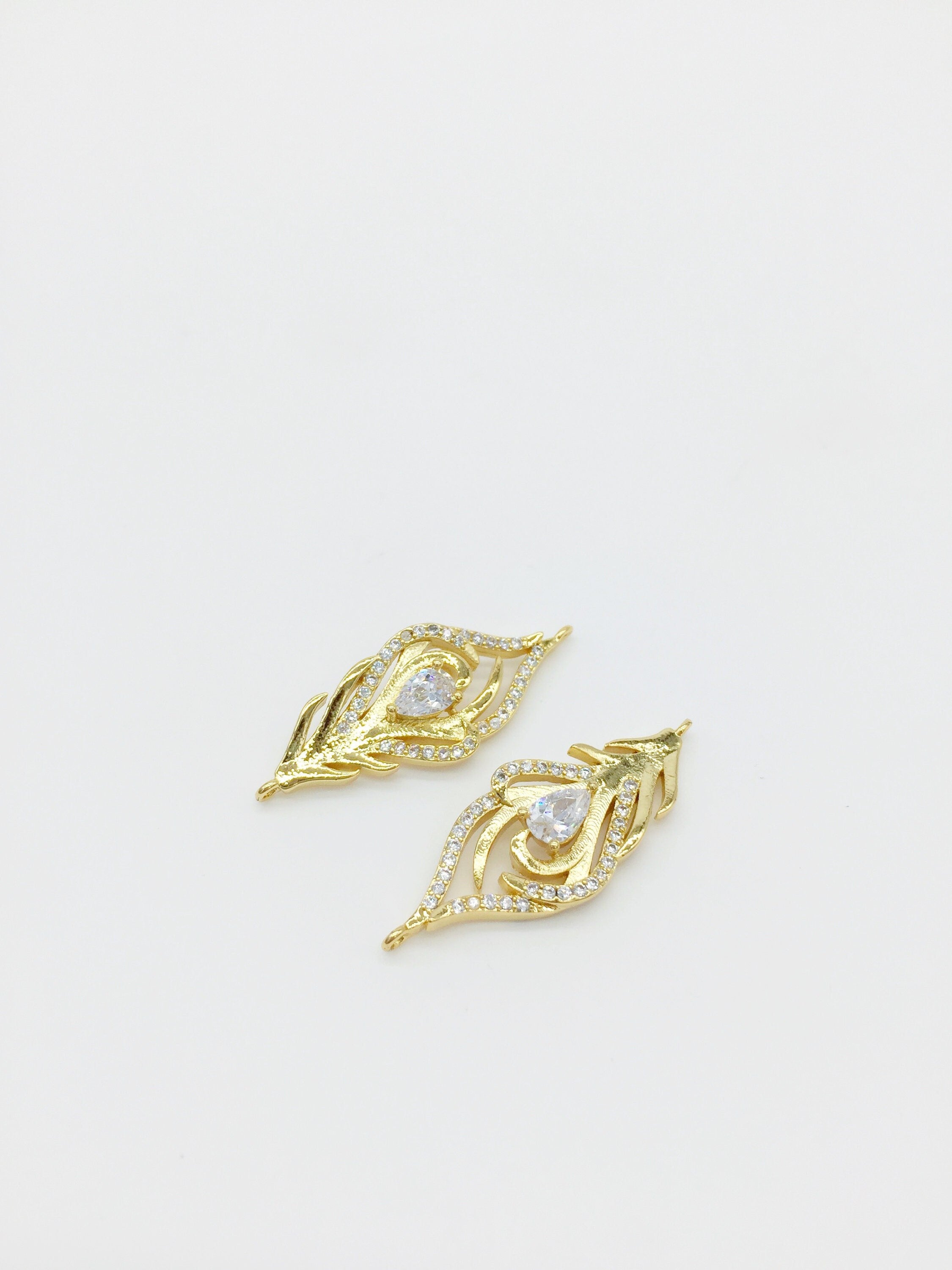 1 x 18K Gold Plated Feather Connector with Cubic Zirconia, 34x13mm (2708G)