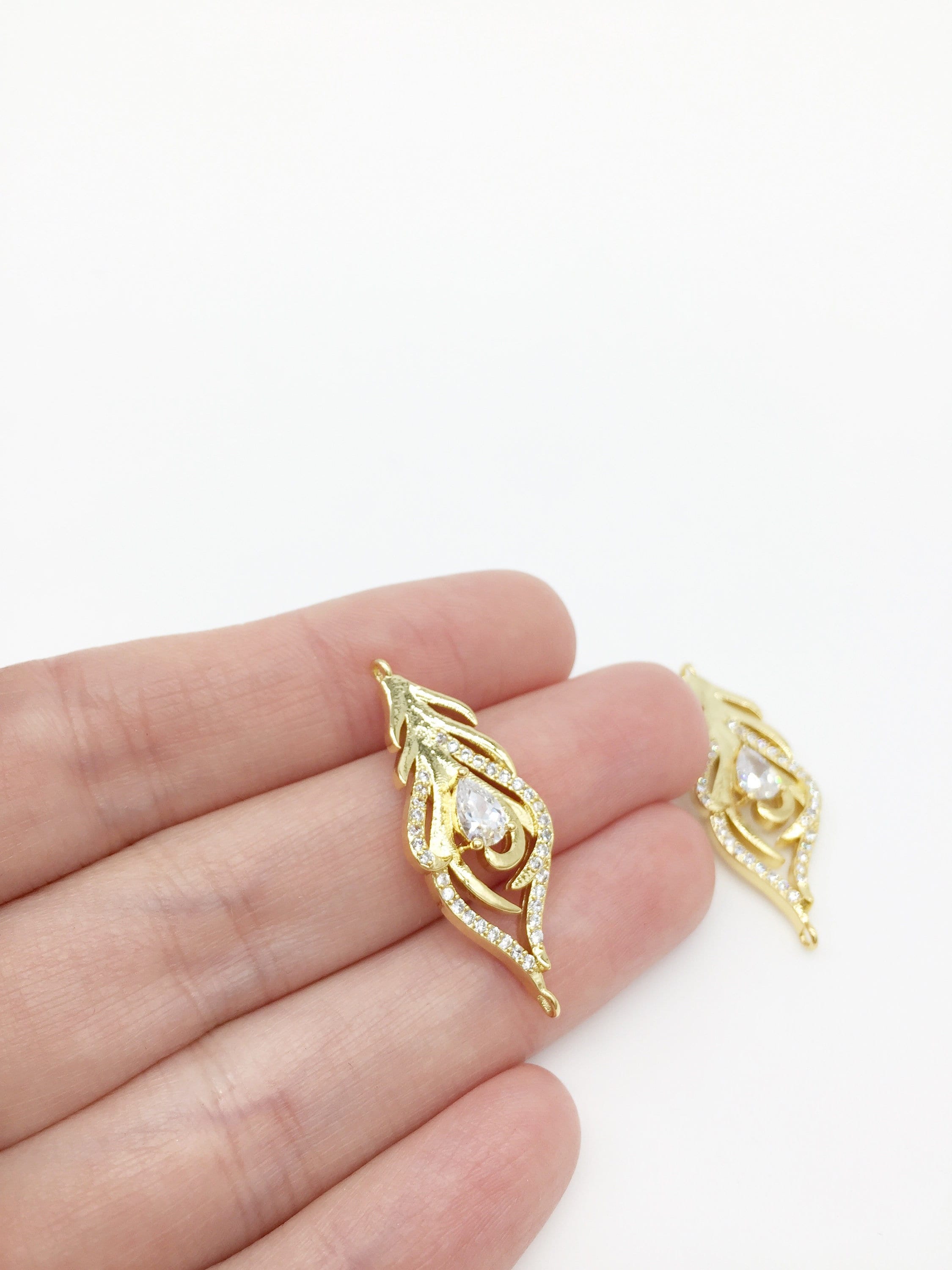 1 x 18K Gold Plated Feather Connector with Cubic Zirconia, 34x13mm (2708G)