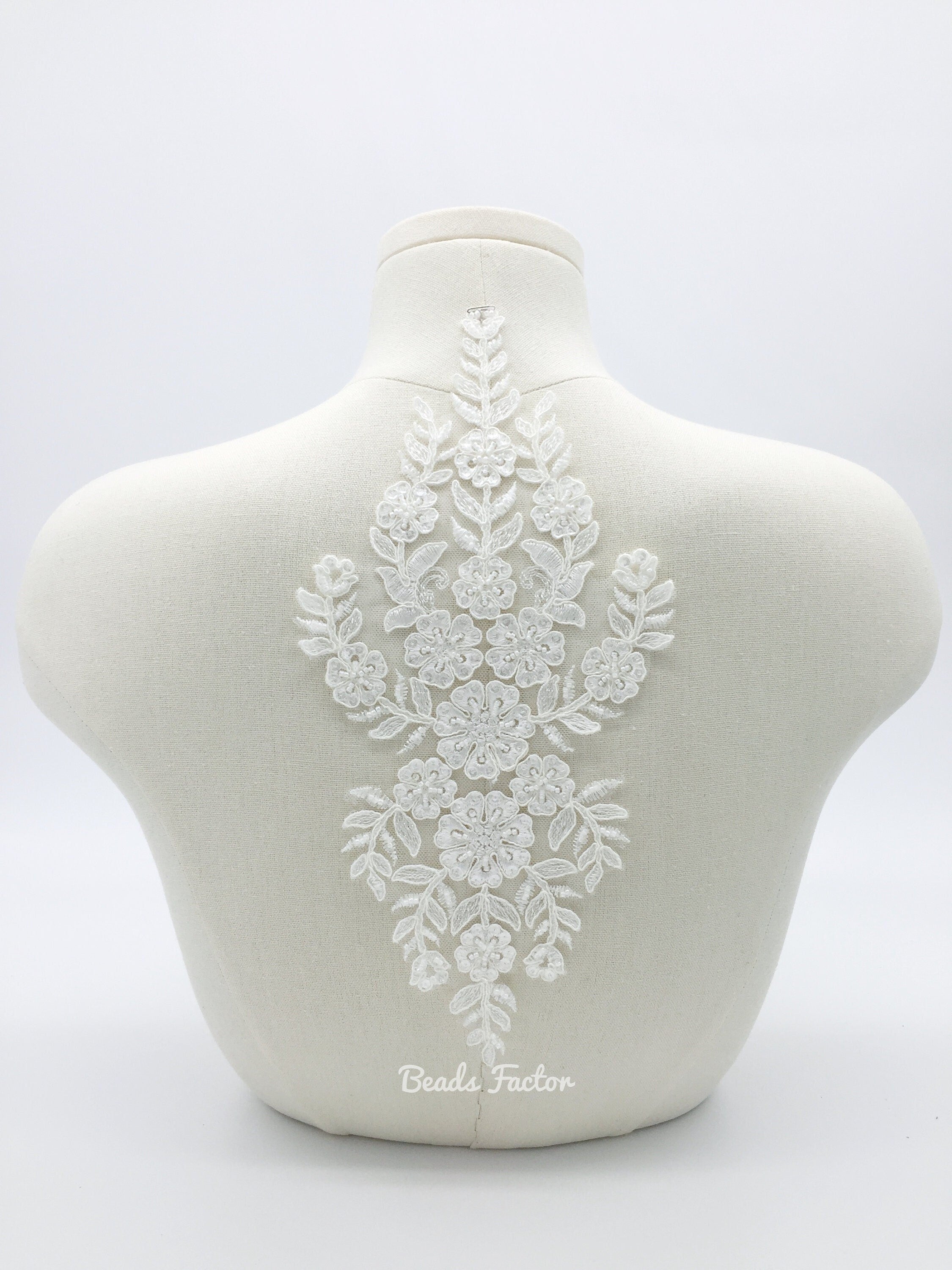 Ivory Beaded Flowers Lace Applique, 30.5x14cm