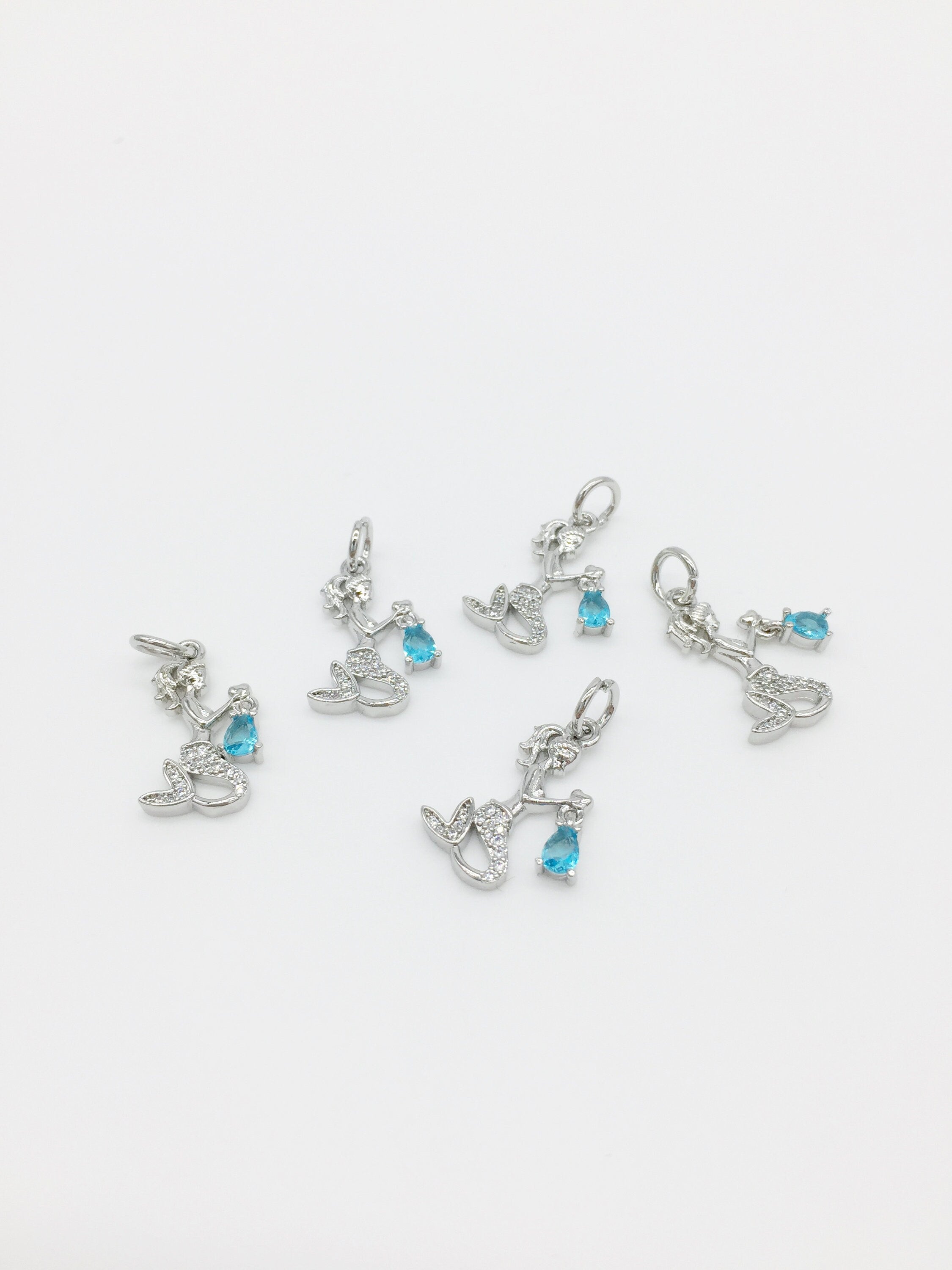 Rhodium Mermaid Charms with Cubic Zirconia, 19x12mm (3316)