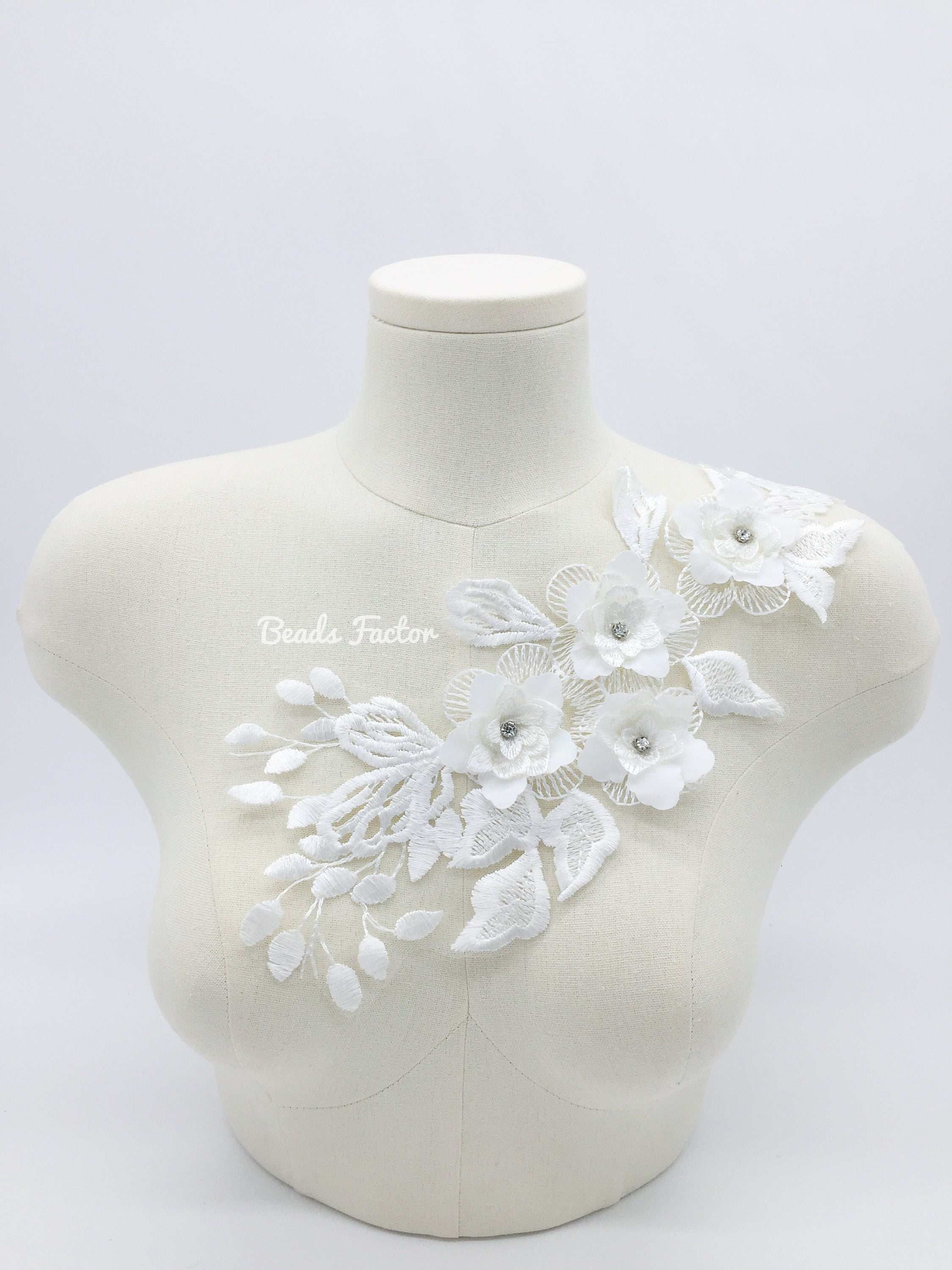 3D Flower White Embroidery Lace Applique, Embroidered Flowers Lace Patch